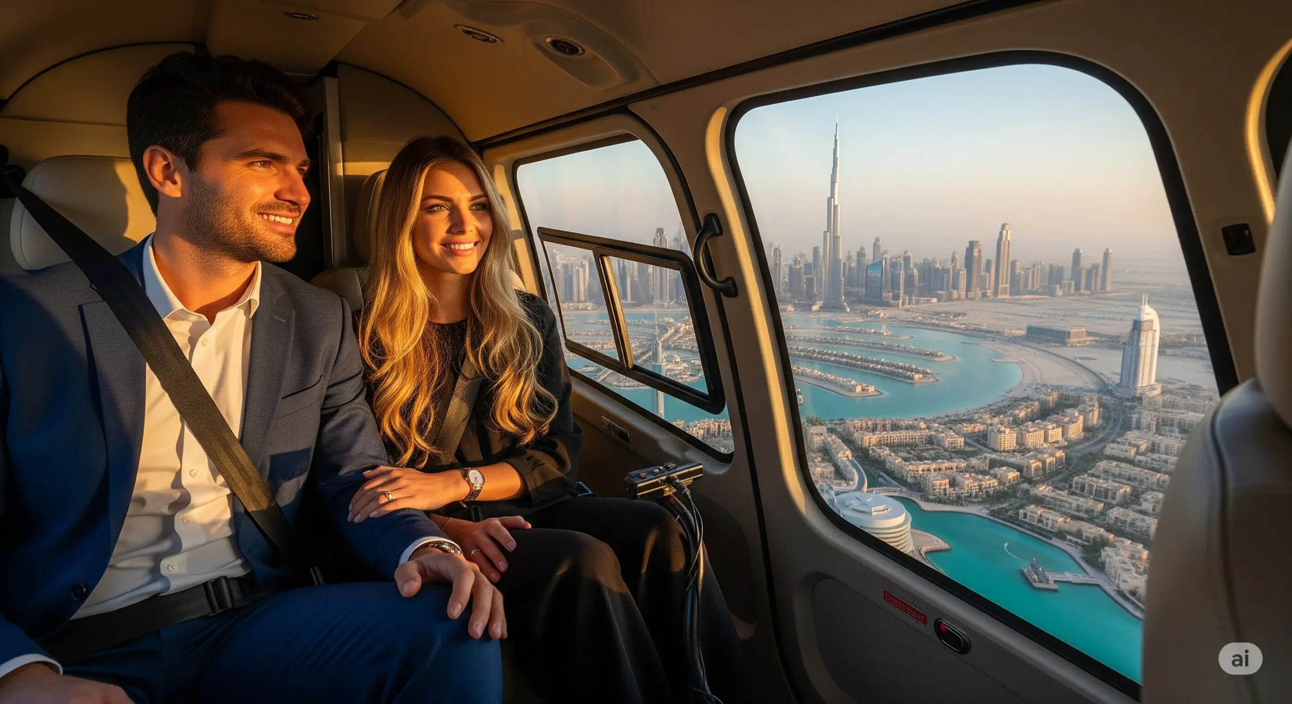 A couple enjoying a private helicopter tour over Dubai, signaling high-value travel.