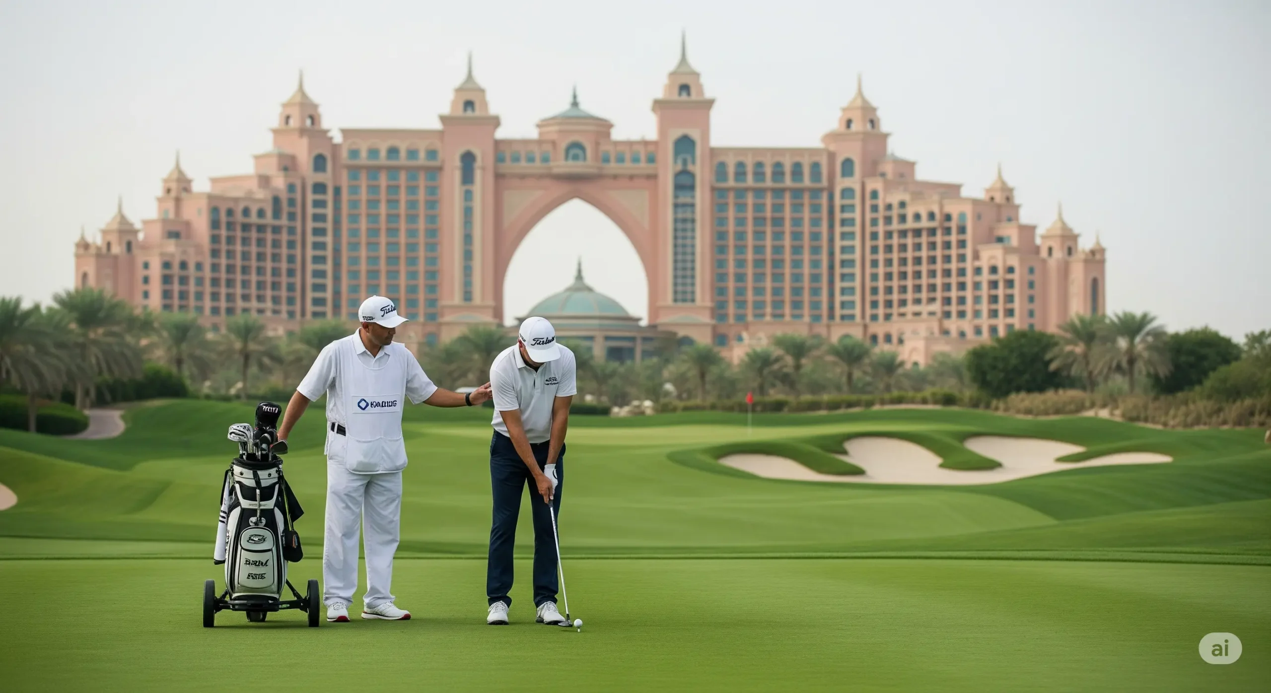 A professional caddy assisting a high-end golfer on a pristine UAE golf course.
