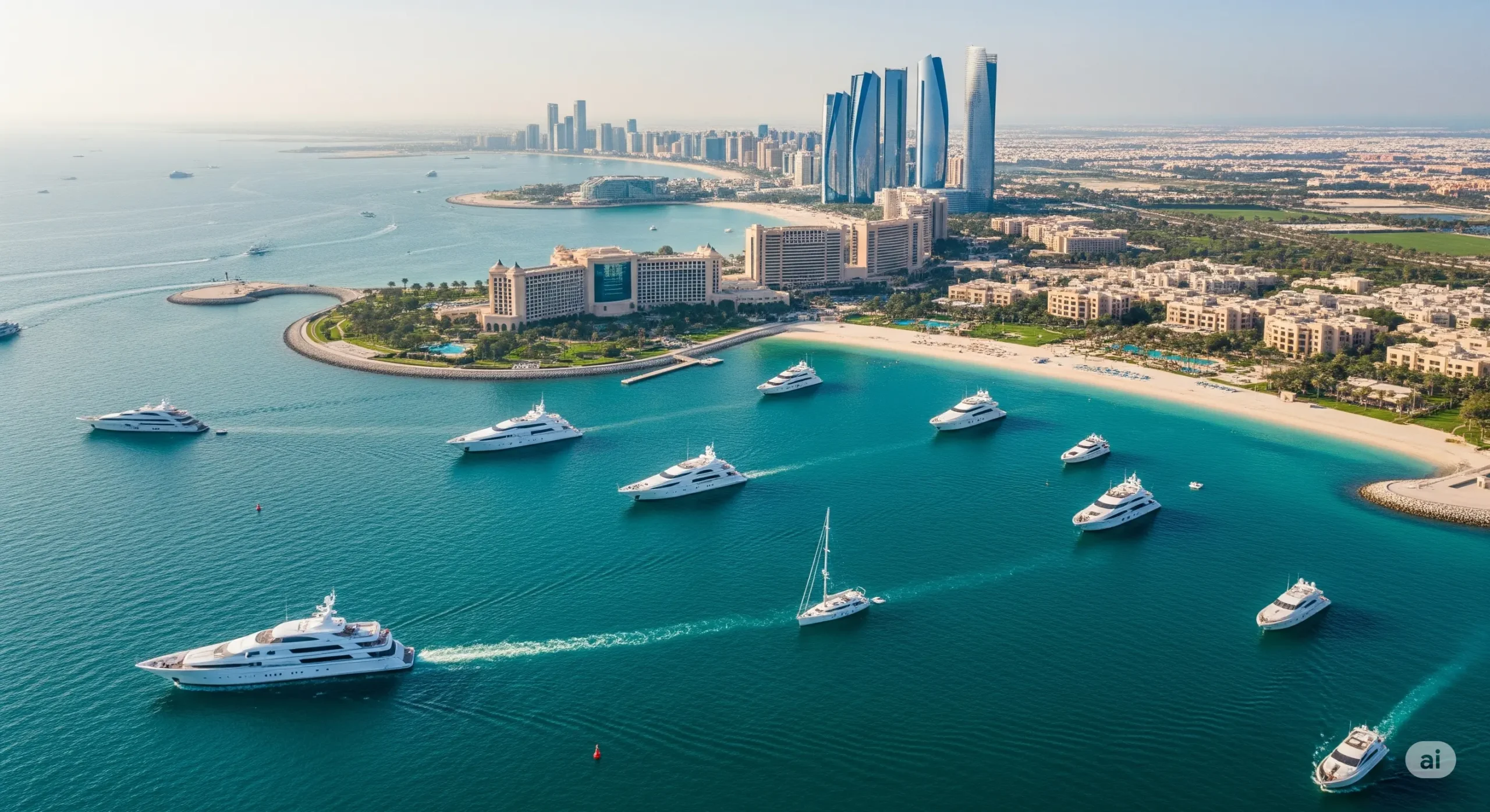 Aerial view of Abu Dhabi coastline with luxury yachts near high-end hotel district.