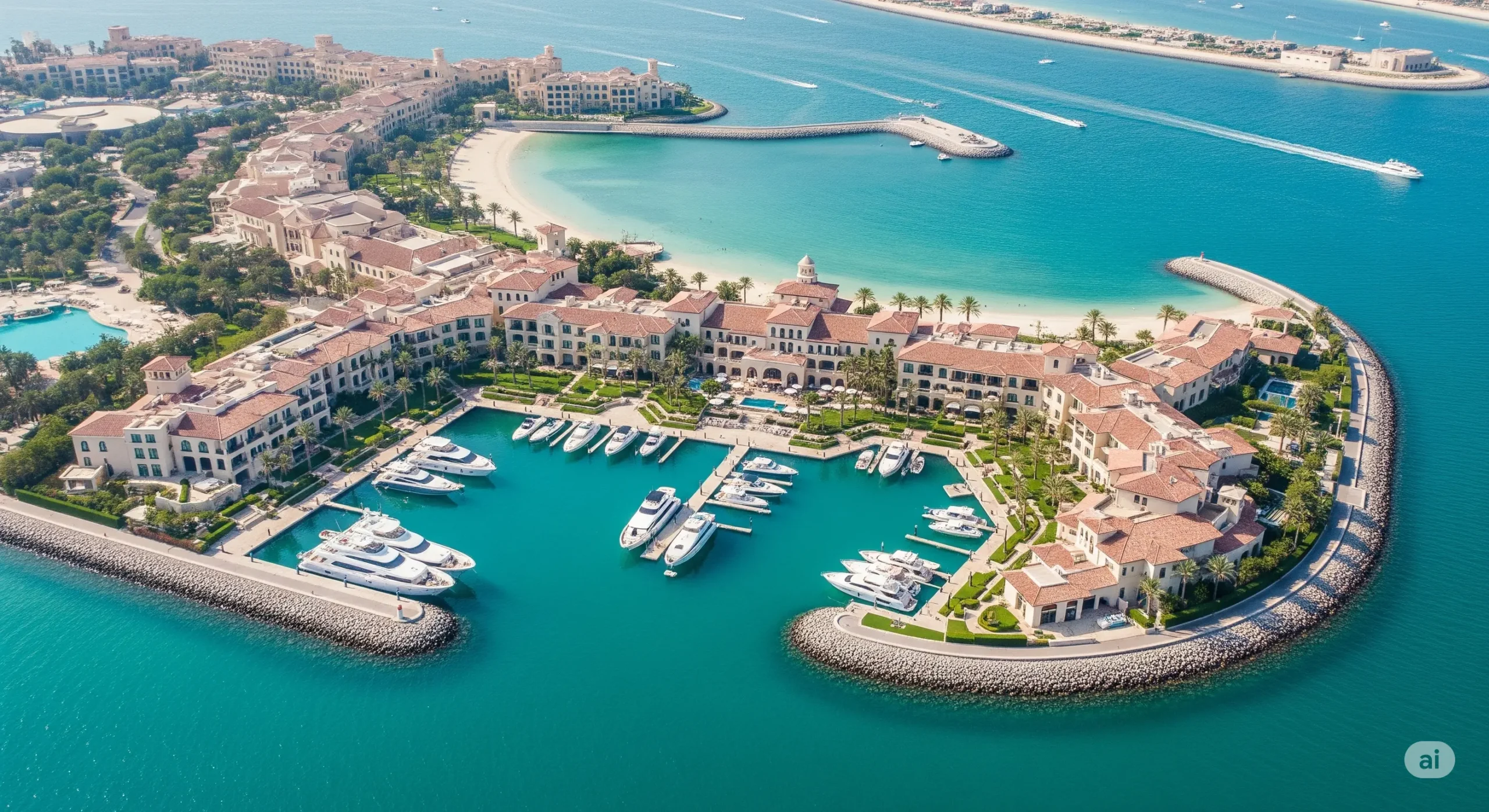 Aerial view of Bulgari Resort Dubai, an exclusive waterfront property.