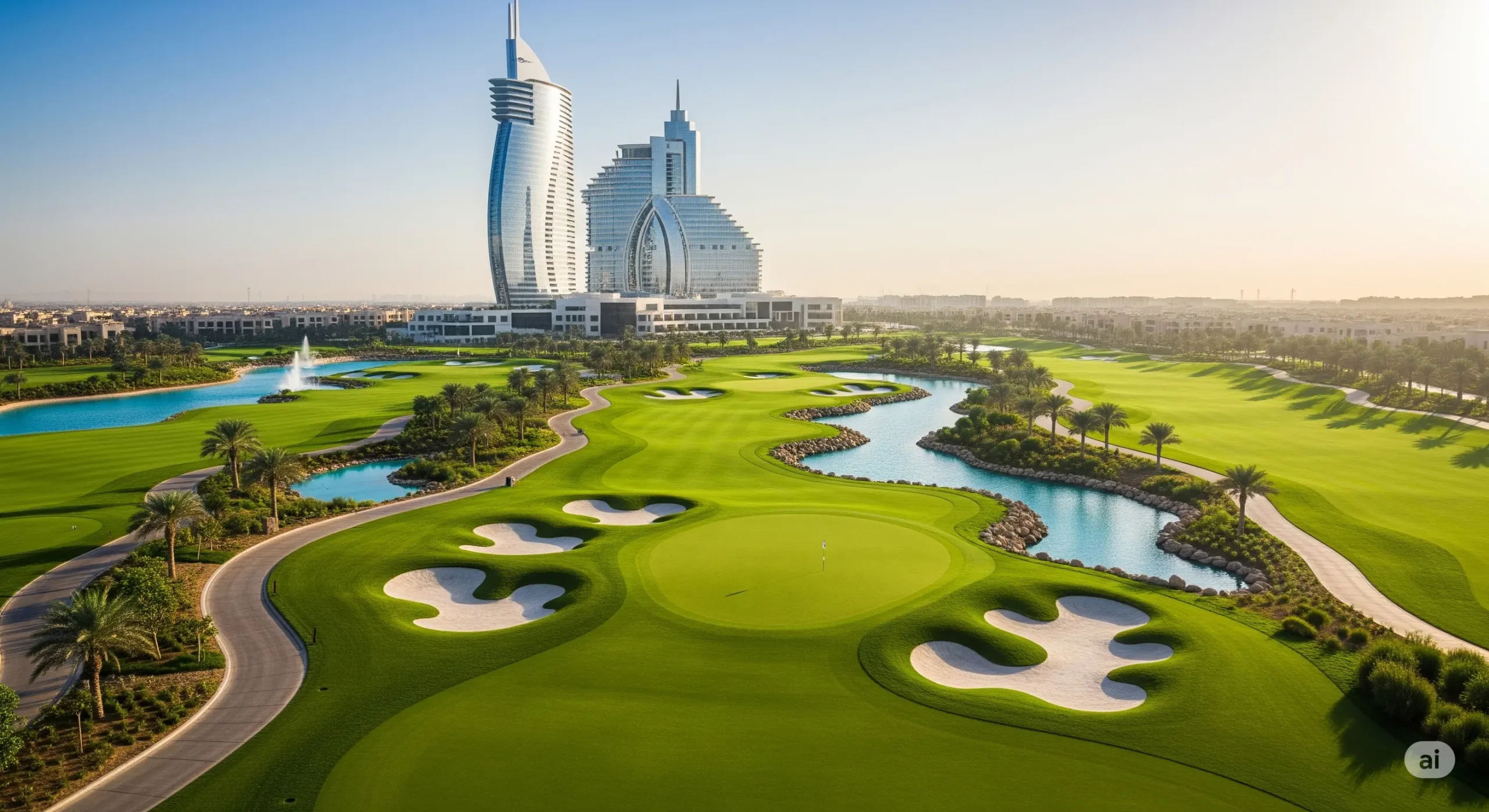 Aerial view of an exclusive golf course in Dubai with a five-star resort.