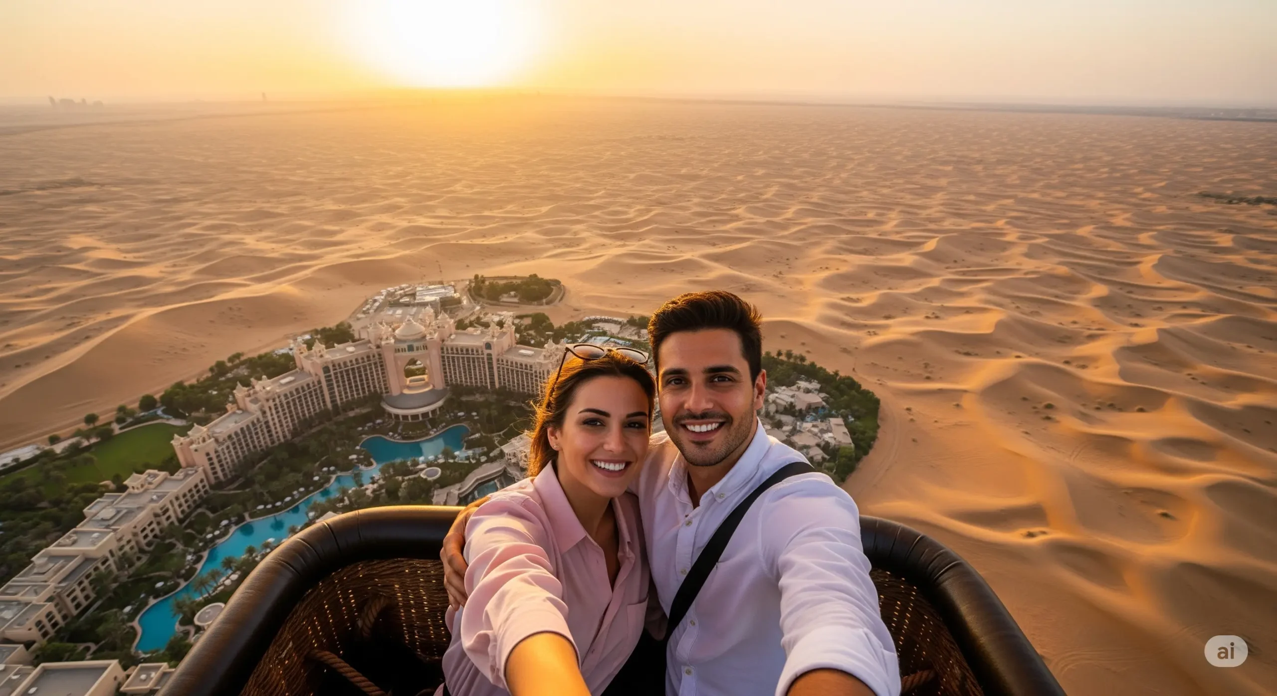 Couple enjoying a private hot air balloon ride over the Dubai desert at dawn, with a luxury resort visible below.
