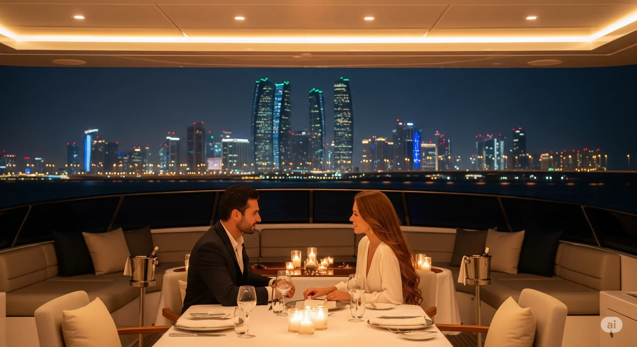 Couple enjoying fine dining on private yacht deck with Abu Dhabi skyline at night.