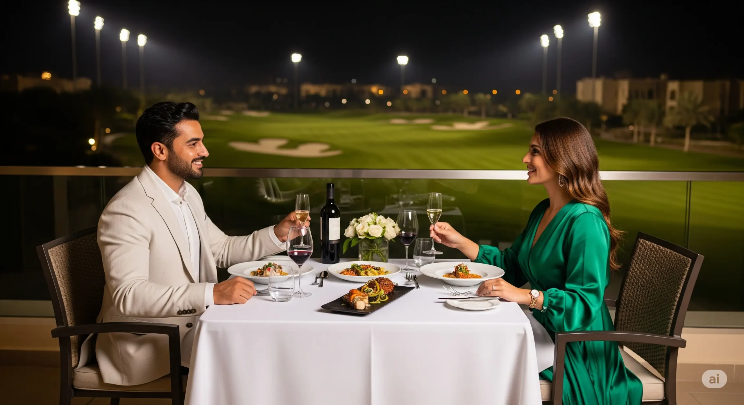 Couple enjoying gourmet dinner overlooking a floodlit, high-end golf course in the UAE.