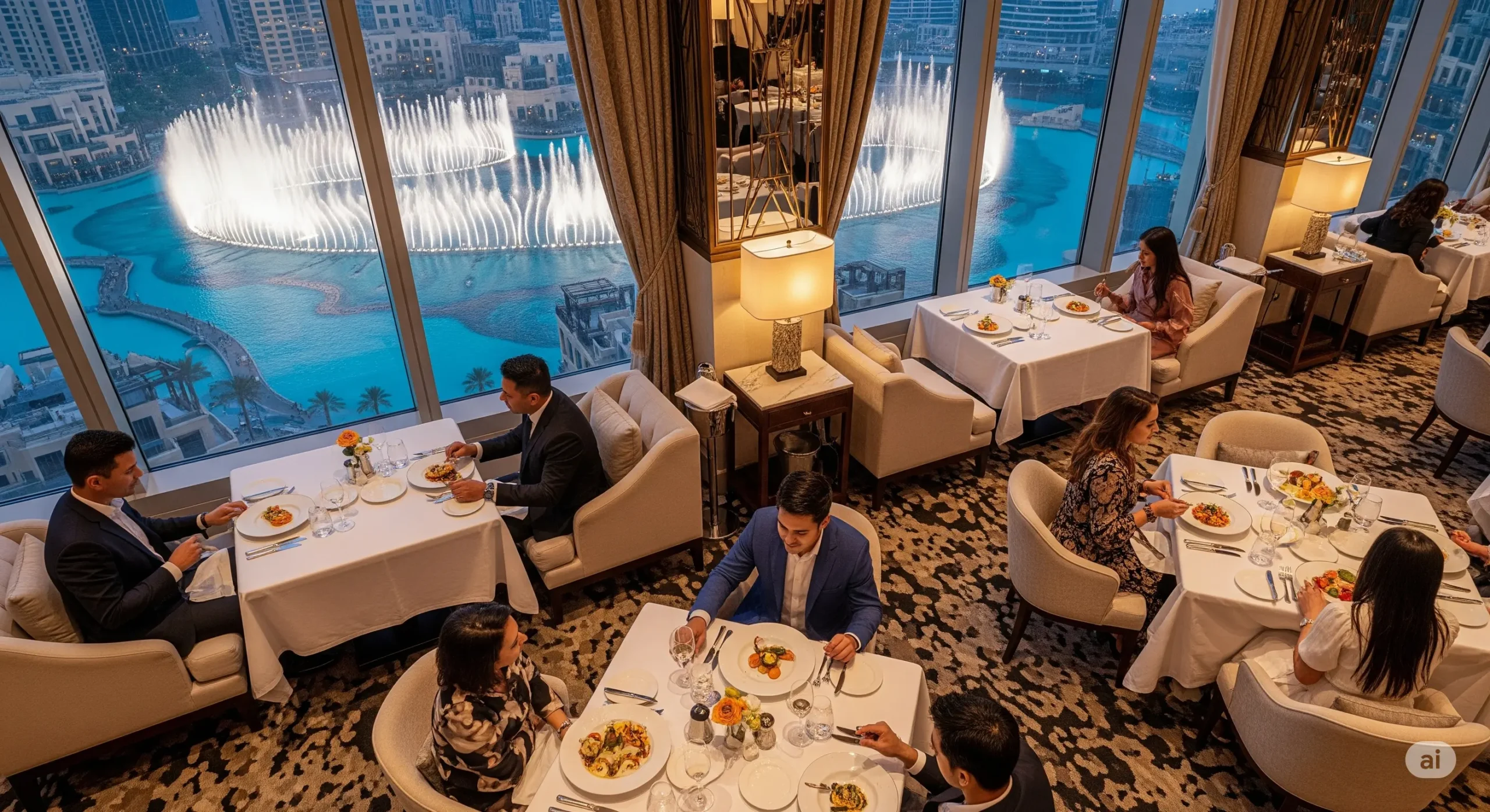 Gourmet dining experience with Dubai Fountain view, attracting high-end travel advertisers.