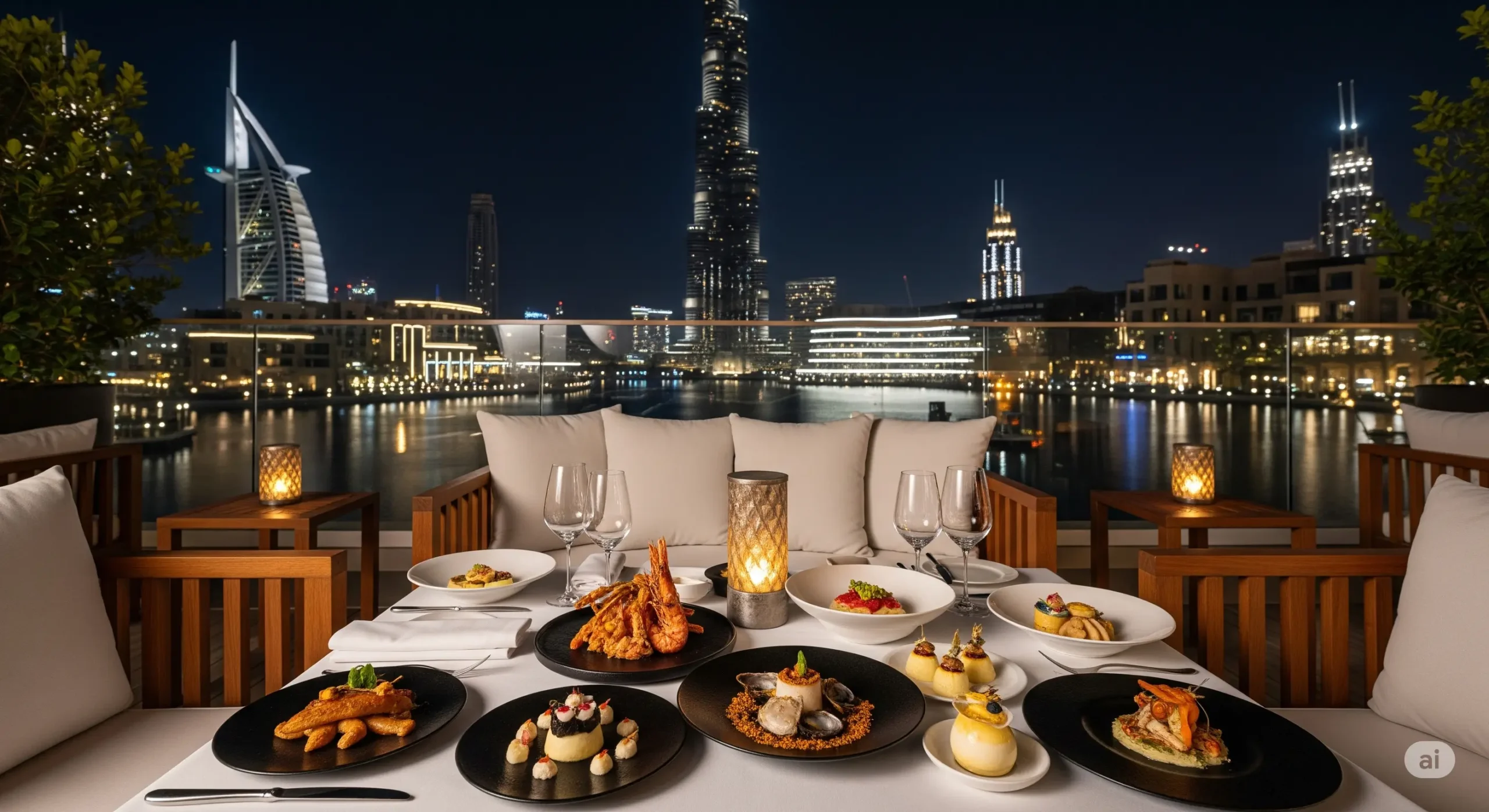 Gourmet dining on a private terrace at an exclusive Dubai waterfront resort.