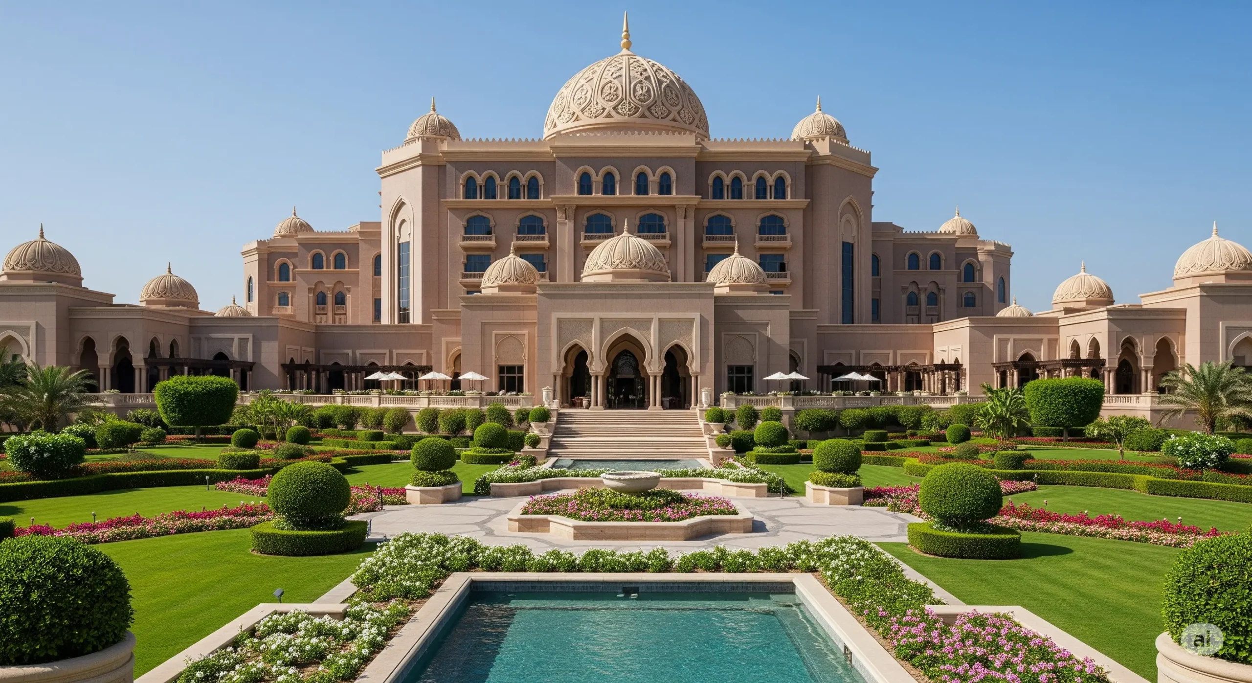 Grand architecture of Emirates Palace Mandarin Oriental Abu Dhabi with lush gardens.