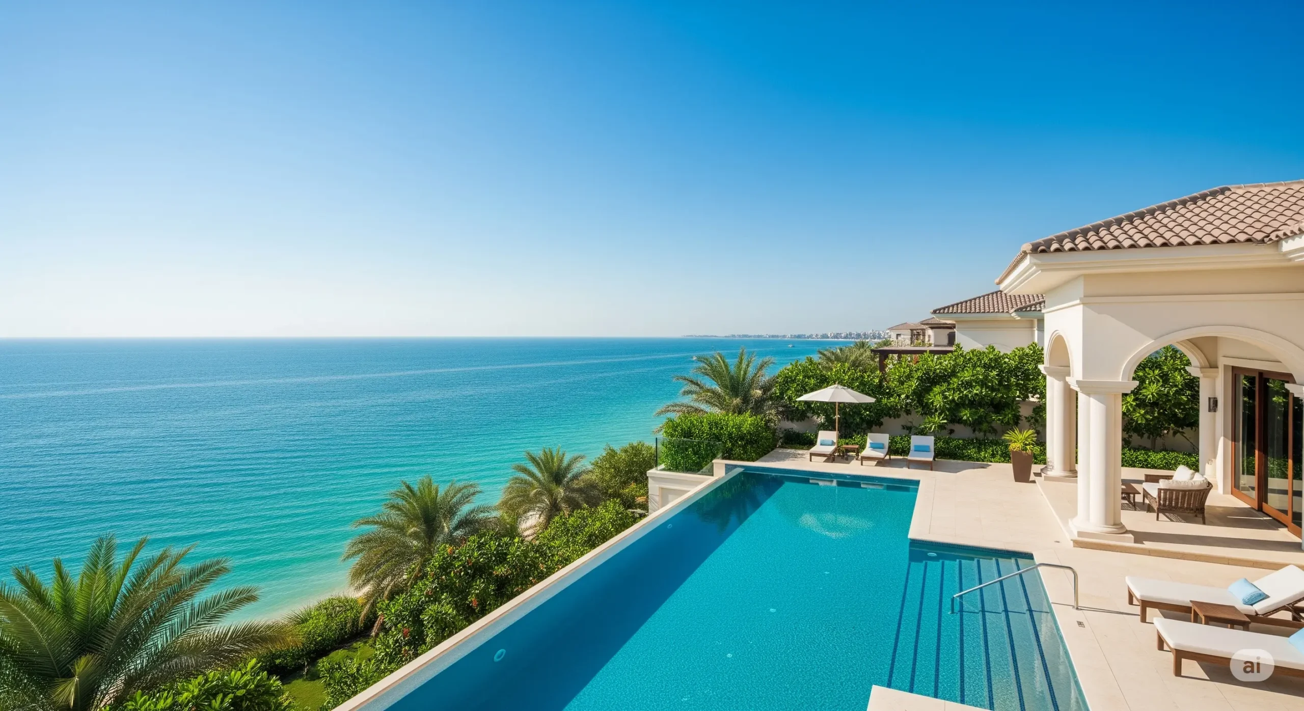 Infinity pool of a luxury private villa on Palm Jumeirah, part of Dubai's exclusive collection.