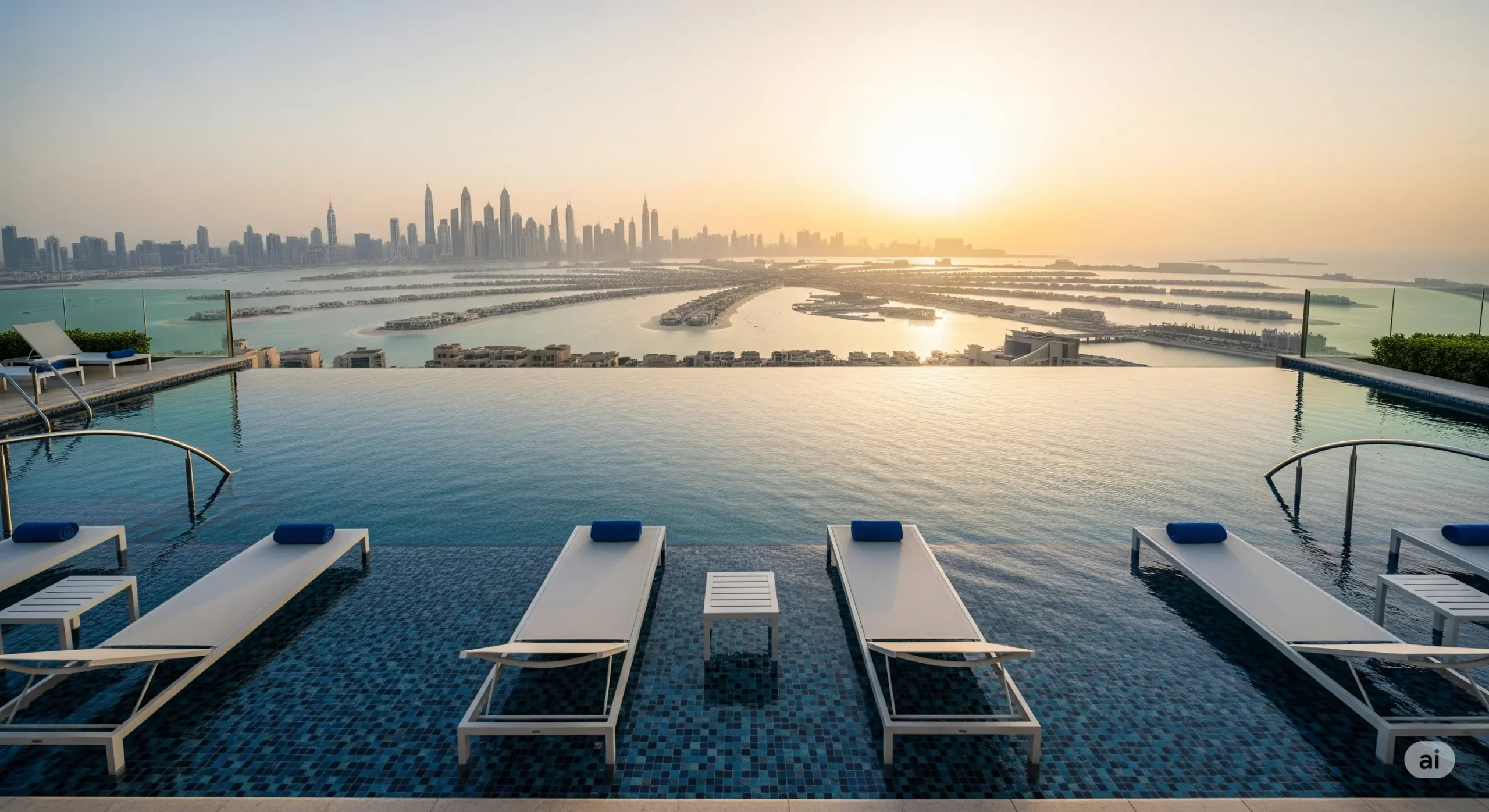Infinity pool overlooking Dubai skyline and Palm Jumeirah, symbolizing premium UAE stays.