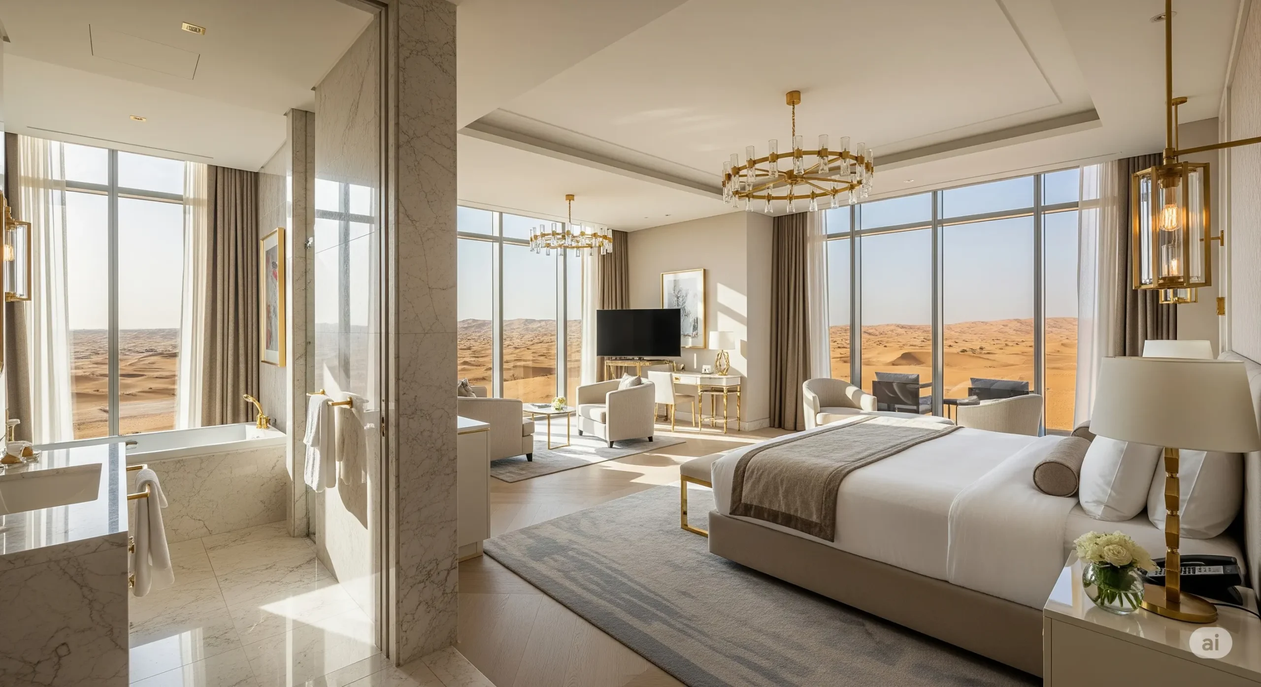 Interior of an ultra-luxurious bedroom suite at a desert resort in Dubai, featuring elegant decor and panoramic desert views.