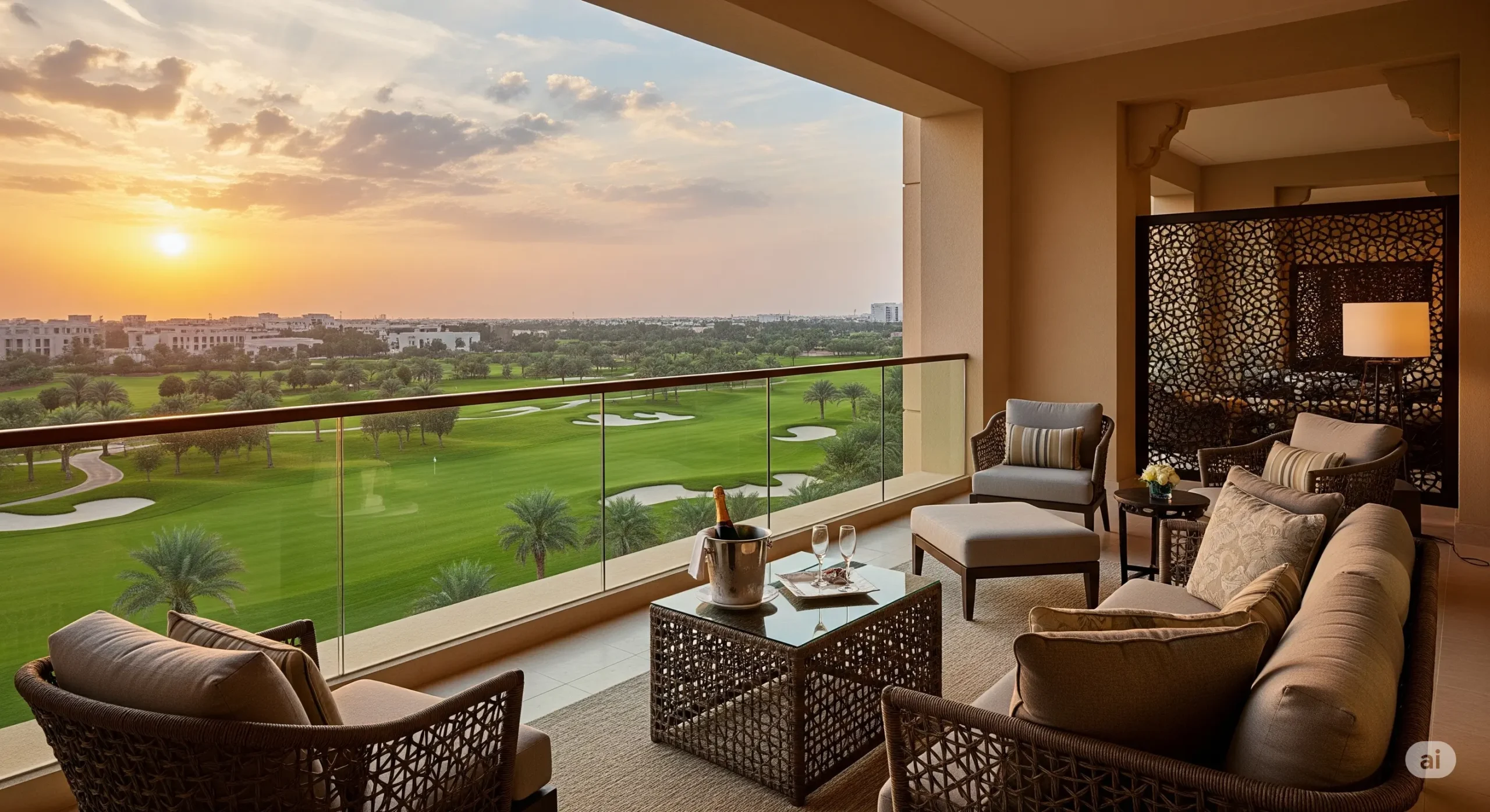 Luxurious hotel suite balcony with stunning golf course and Abu Dhabi skyline view.