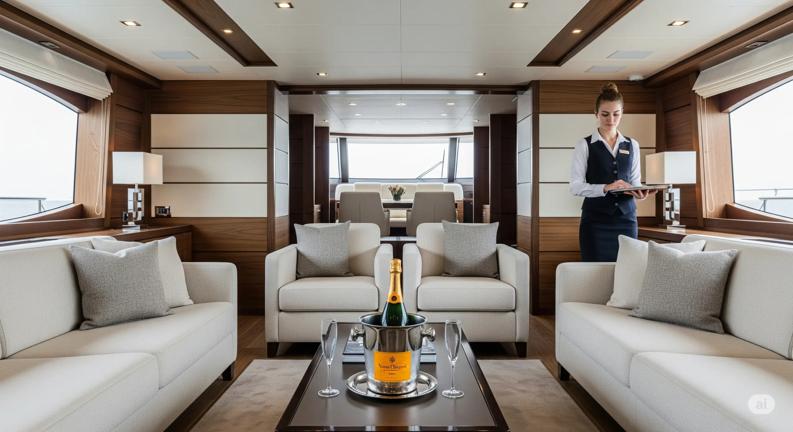 Luxurious private yacht interior with comfortable seating and champagne.
