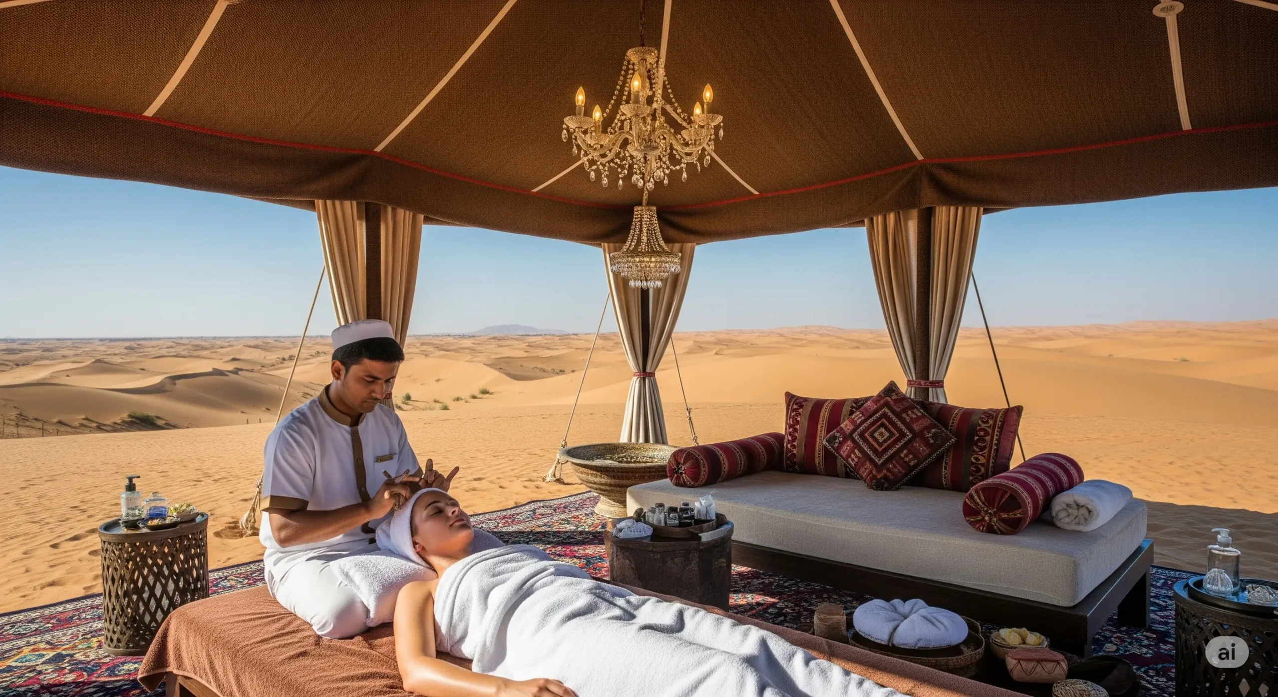 Luxury spa treatment in a serene tented setting amidst the Dubai desert dunes.