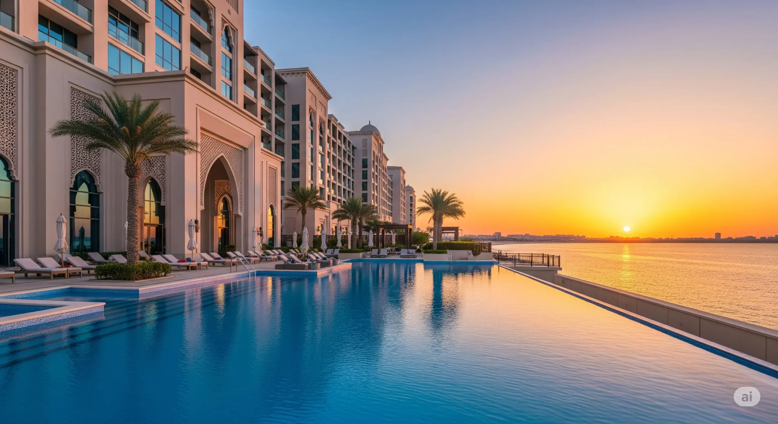Opulent Dubai 5-star waterfront resort private infinity pool at sunset.