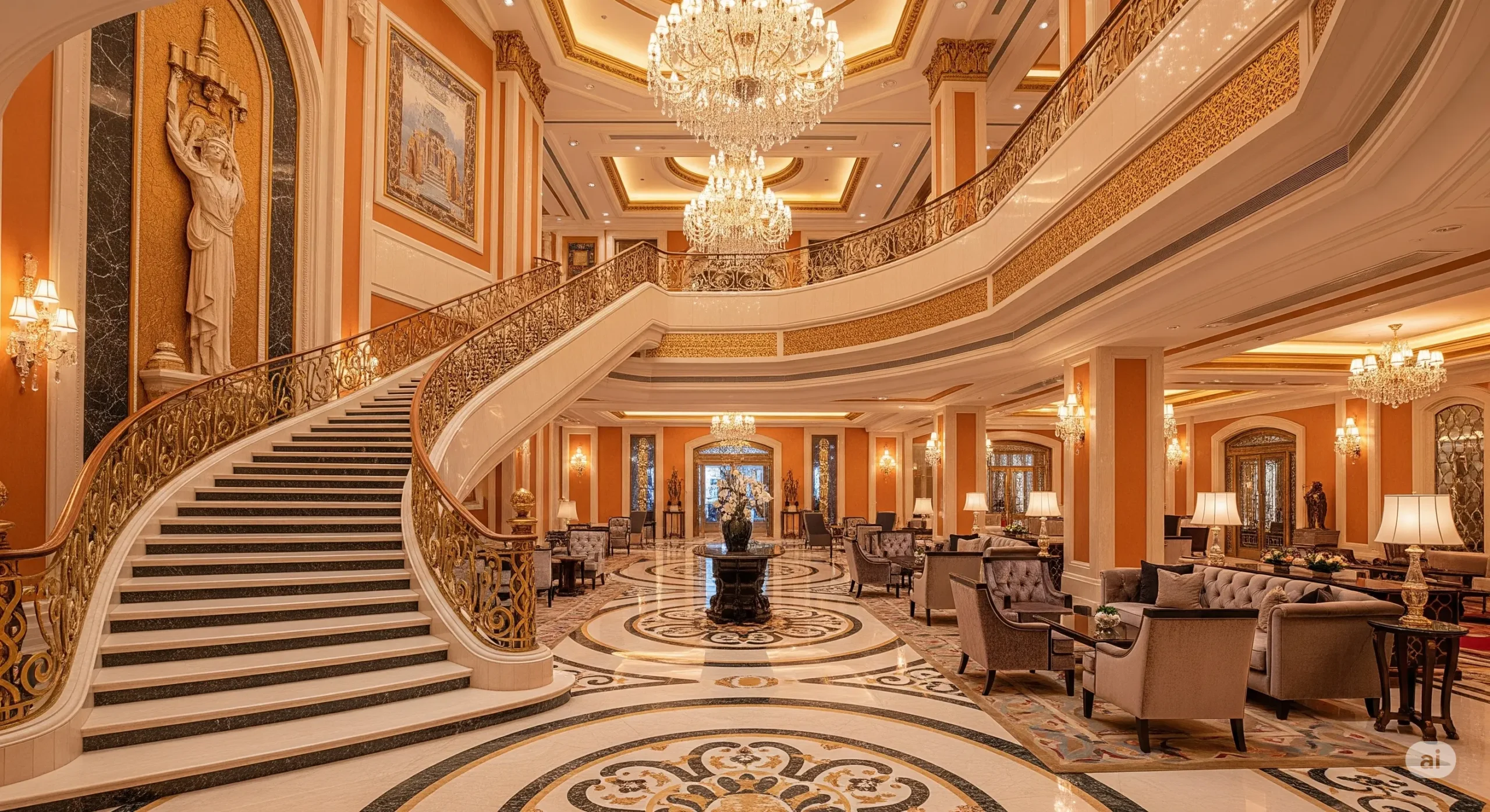 Opulent Dubai hotel lobby with crystal chandeliers, inviting ultra-luxury hotel bookings.