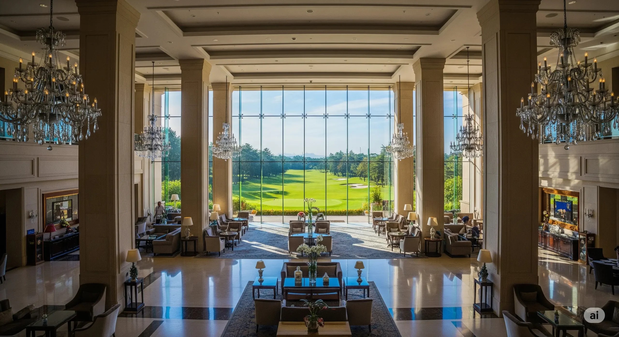 Opulent lobby of a UAE luxury golf hotel with crystal chandeliers and golf course view.