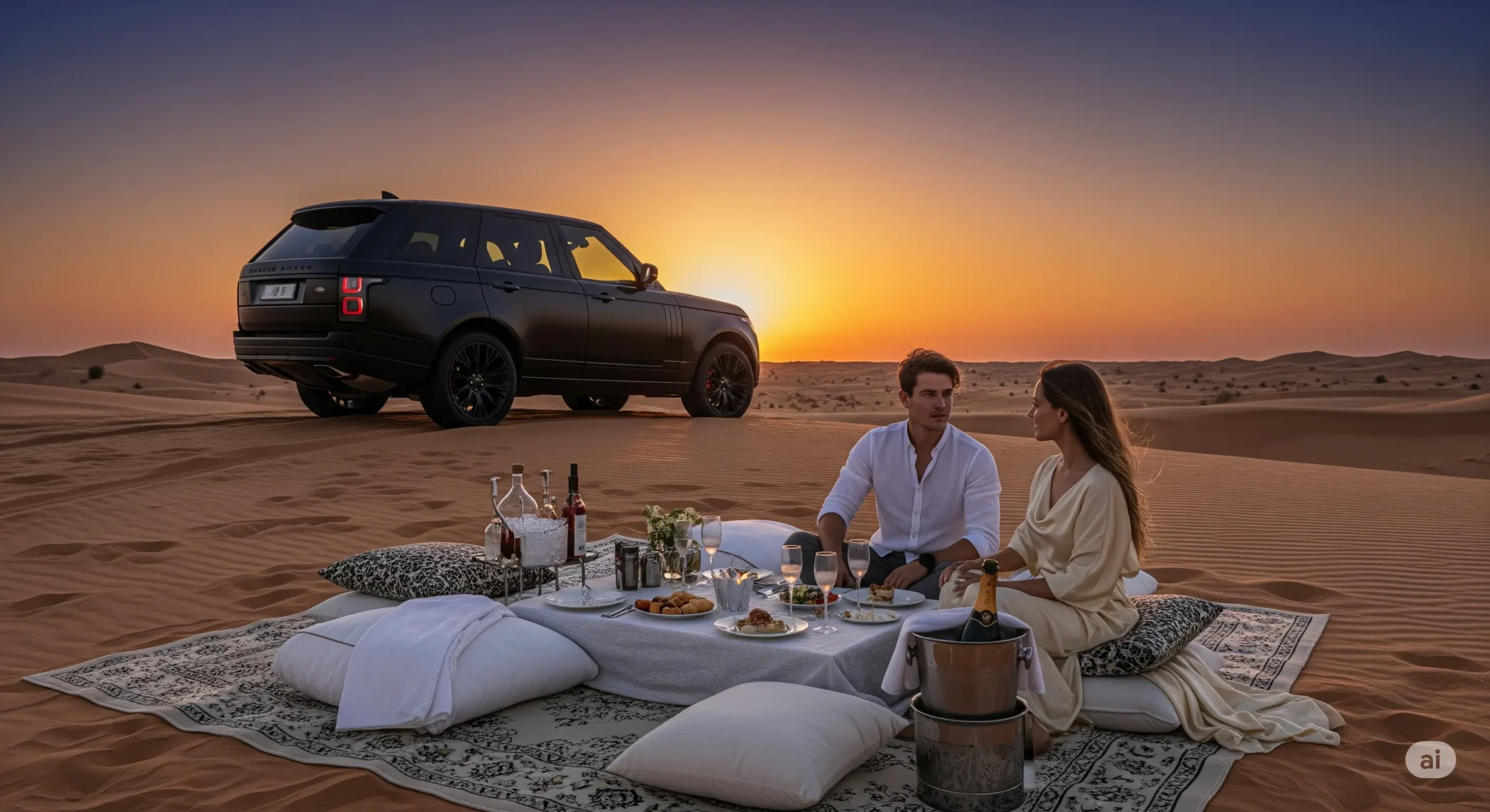 Panoramic view from an exclusive penthouse suite in Abu Dhabi, showing a modern city skyline at sunset.
