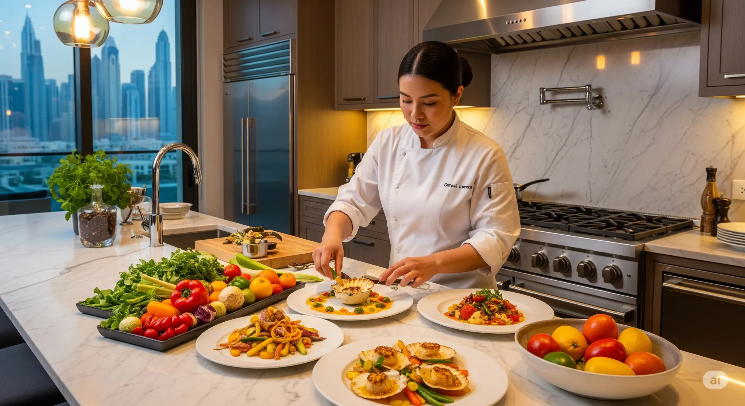 Private chef preparing gourmet meal in an exclusive Dubai villa kitchen.