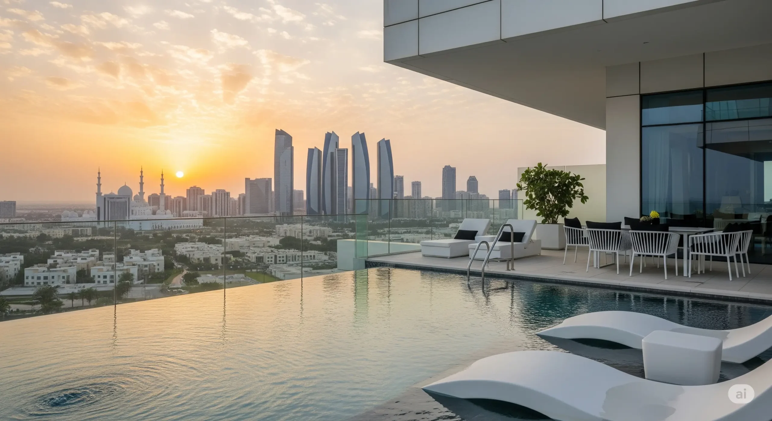 Private infinity pool on a luxurious penthouse balcony overlooking the Abu Dhabi skyline, emphasizing exclusive amenities.