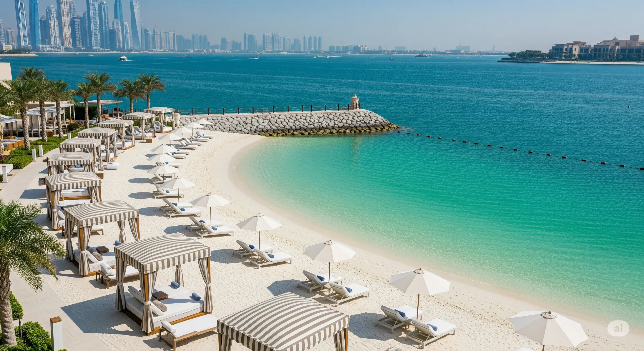 Serene private beach area at an exclusive Dubai 5-star waterfront resort.