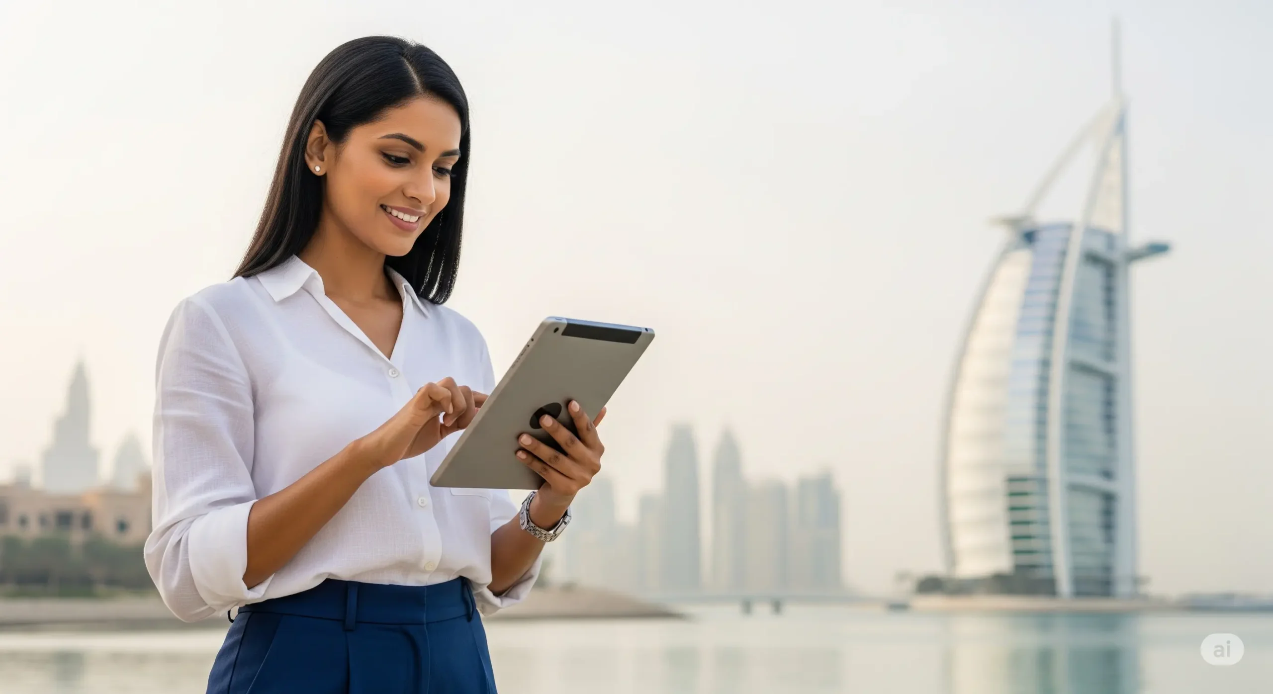 Sophisticated traveler booking a luxury stay at a Dubai waterfront resort.