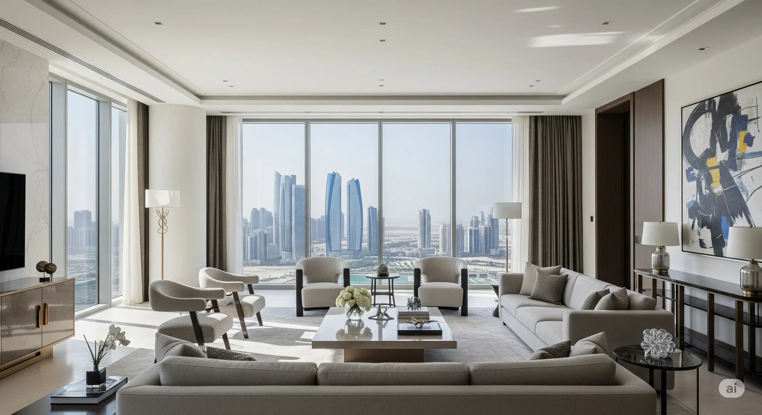 Spacious and elegant living area inside an exclusive Abu Dhabi penthouse, with designer furniture and stunning city views.