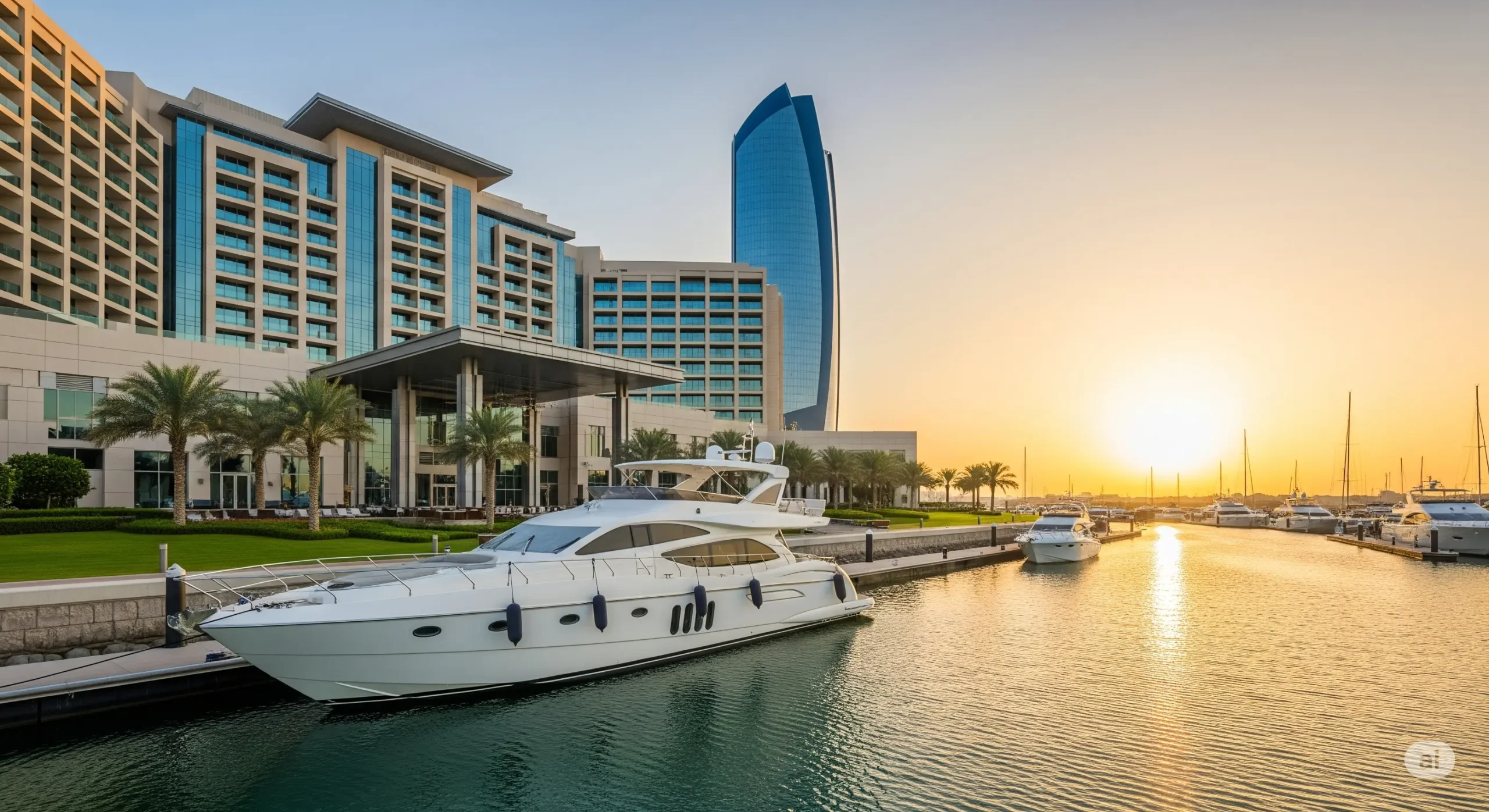 Ultra-luxury Abu Dhabi hotel with private marina and sleek modern yacht at sunset.
