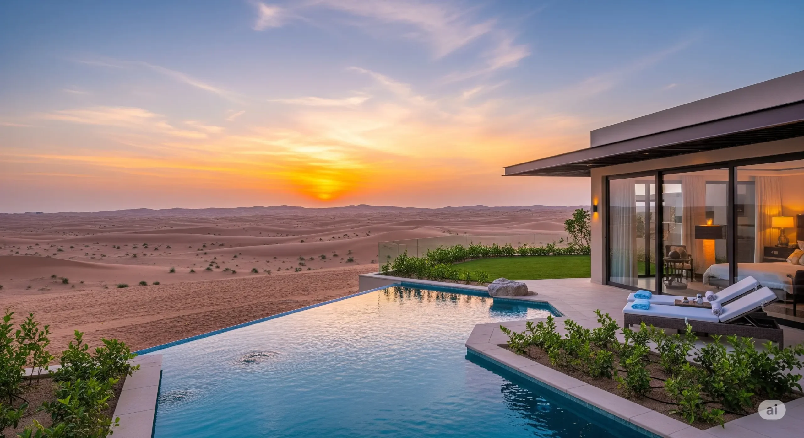 Ultra-luxury desert resort villa with private pool overlooking vast sand dunes at sunset in Dubai.