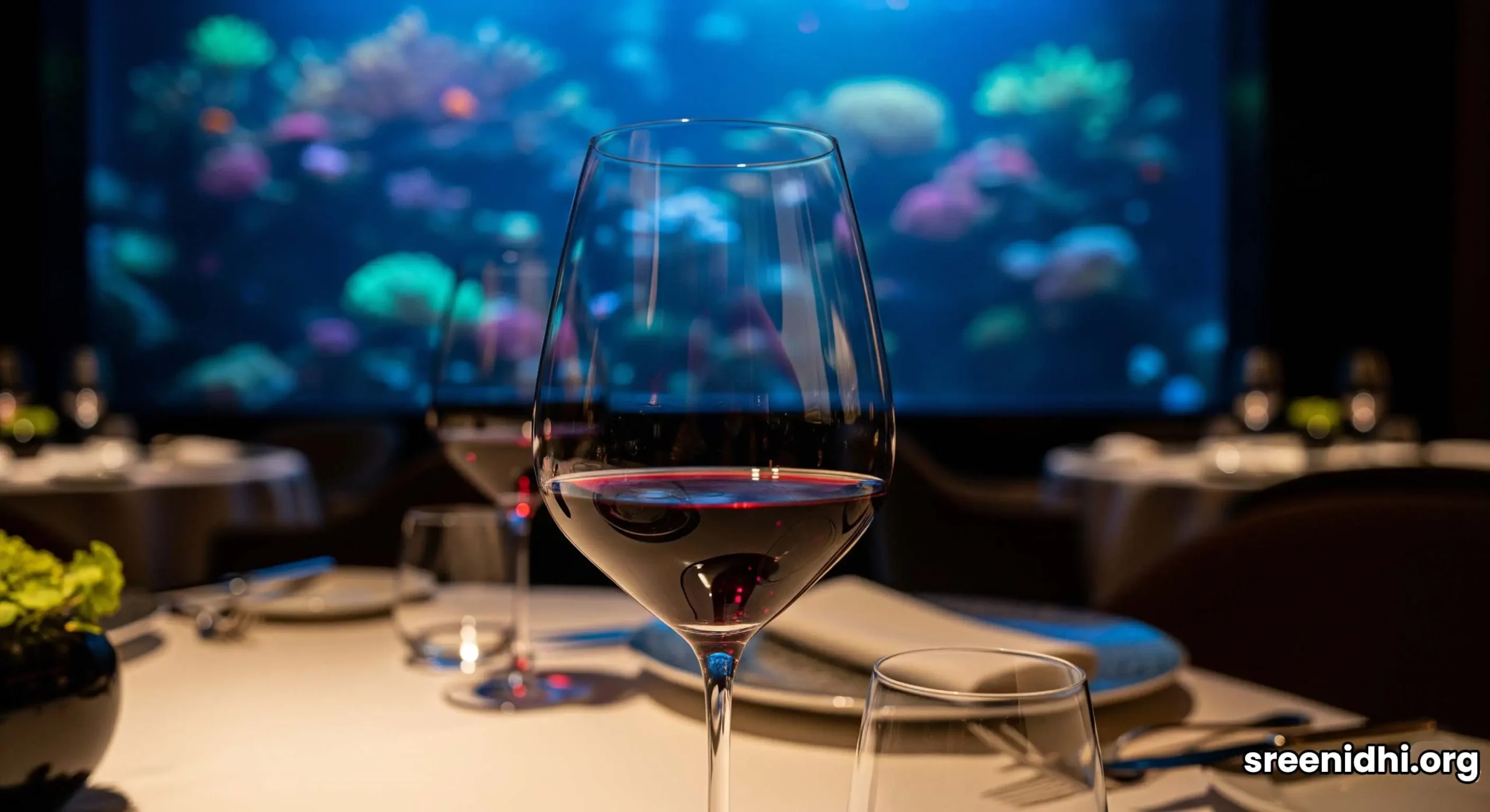 A Michelin-star dining experience at an underwater restaurant on Palm Jumeirah, with sharks and rays swimming past the table.