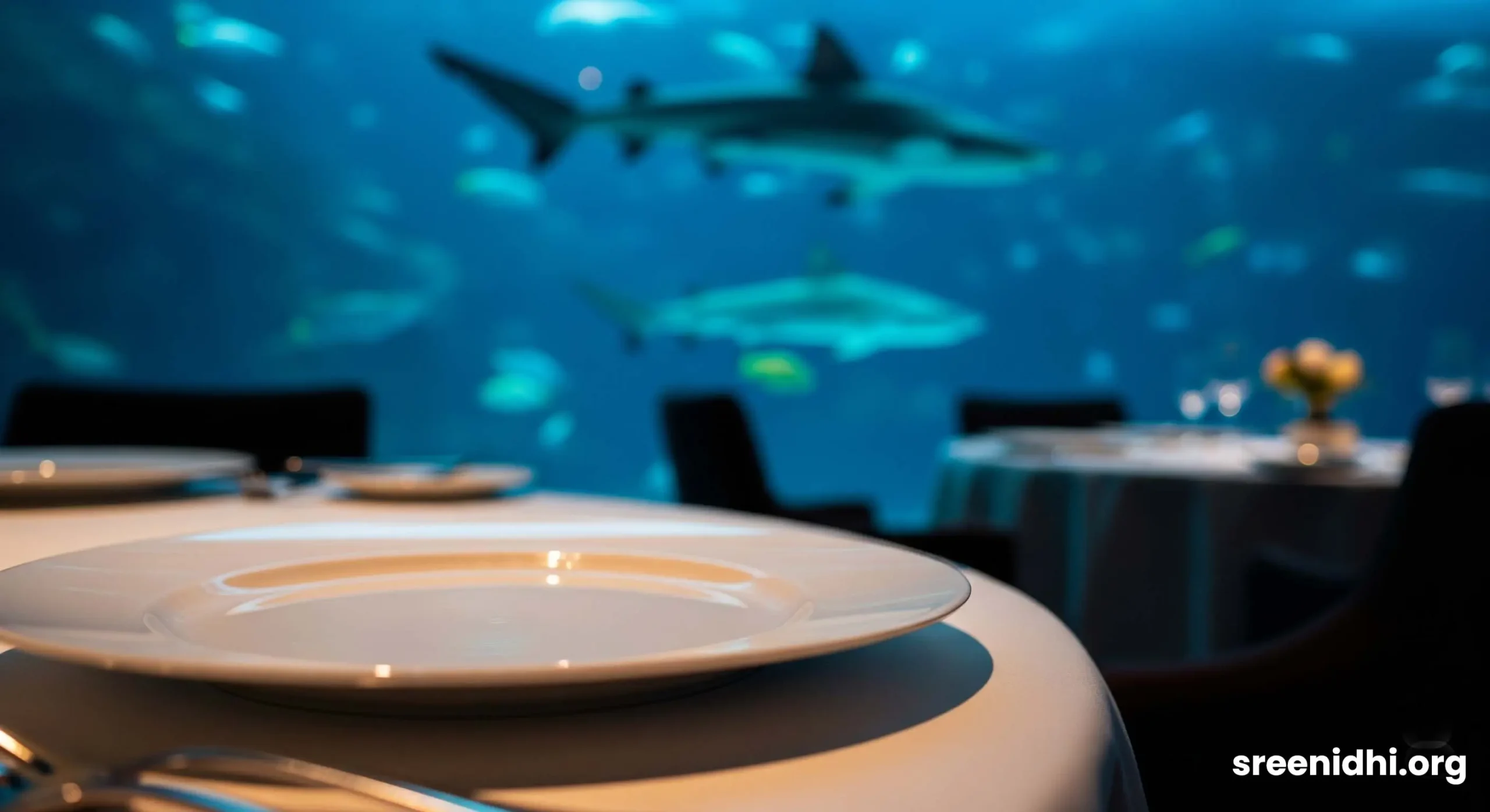 A beautifully set dining table inside the Al Mahara underwater restaurant, with large fish and a shark swimming past the aquarium wall.