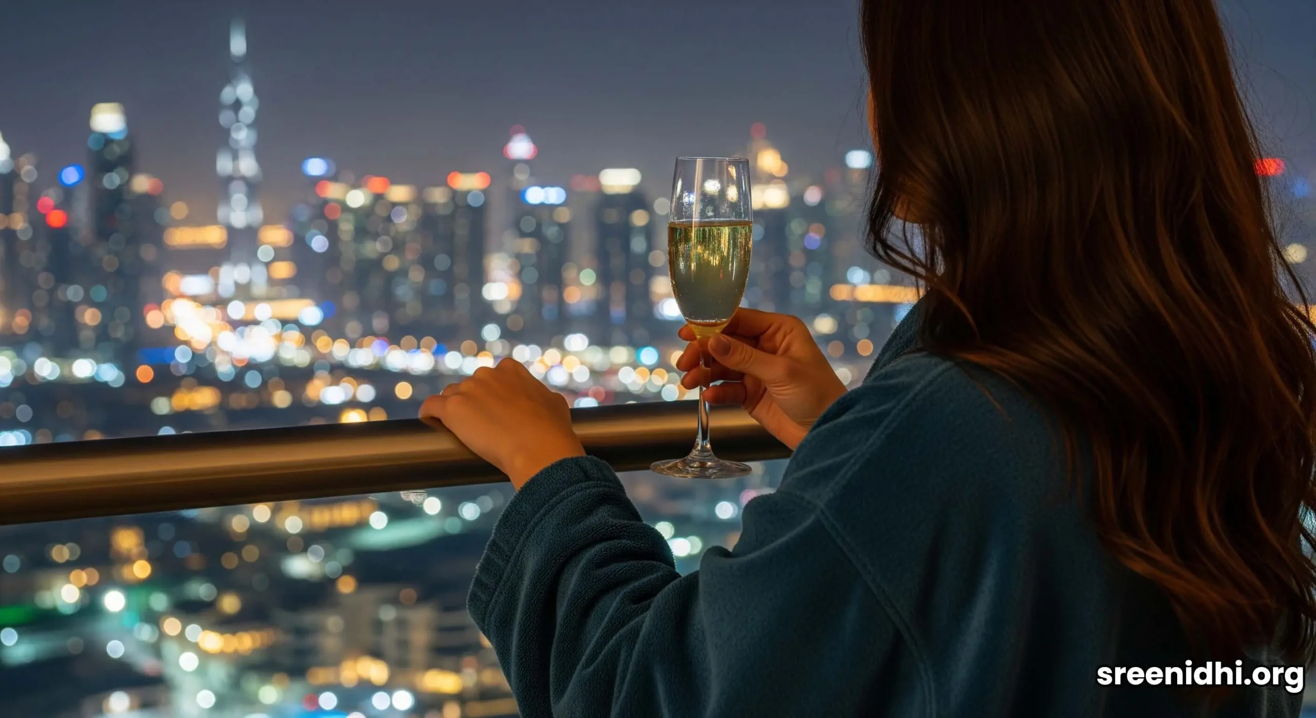 A guest relaxes on a high-floor hotel balcony at night, overlooking the vast, glittering cityscape of downtown Dubai.