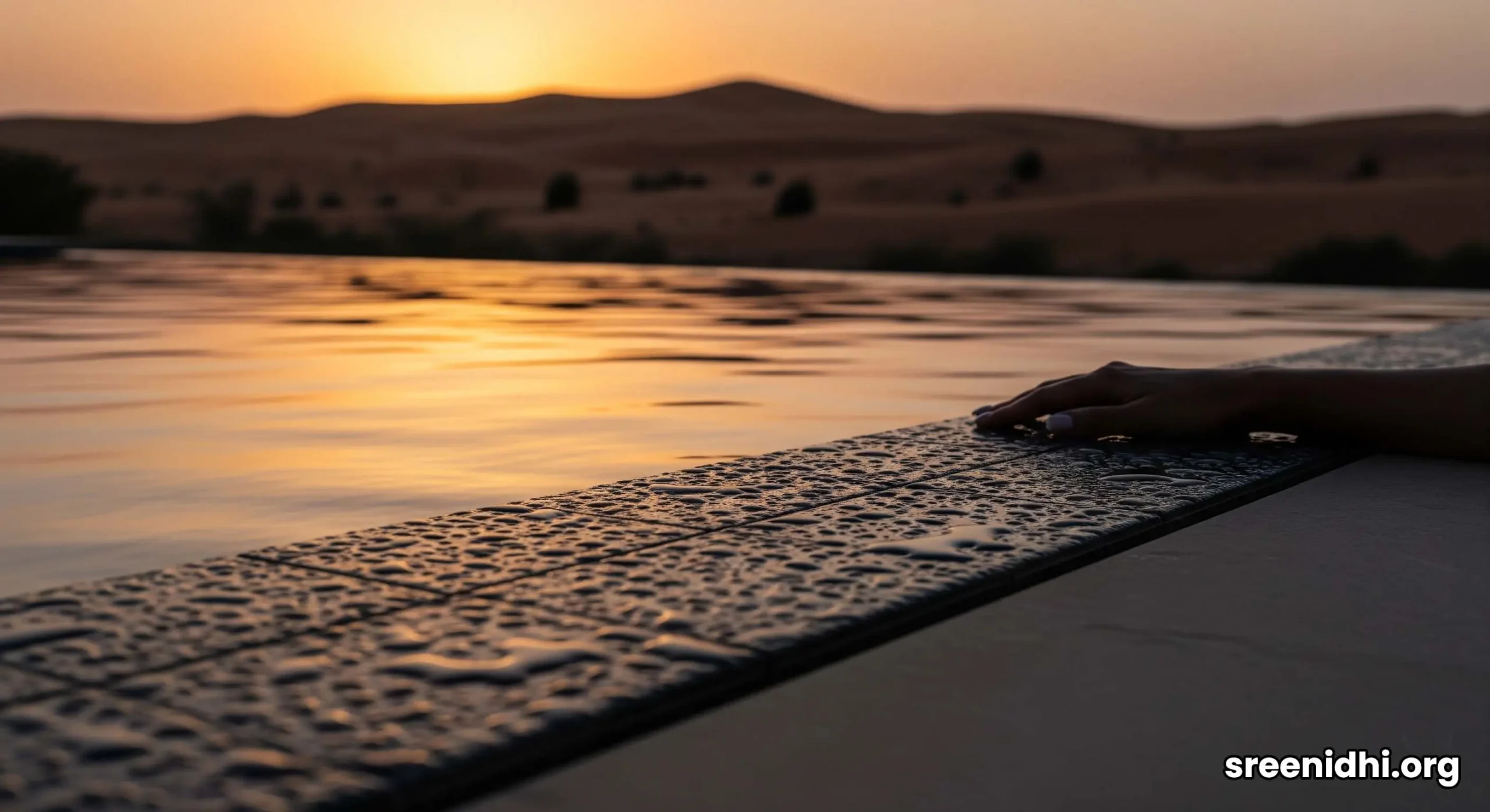 A guest relaxing in a private infinity pool at sunset, overlooking the Ras Al Khaimah desert.