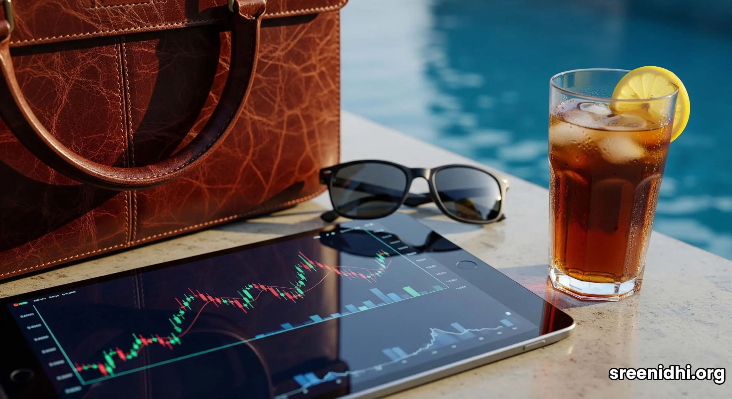 A leather briefcase and tablet next to a private pool, symbolizing the work-life balance for a CEO on an Abu Dhabi island retreat.