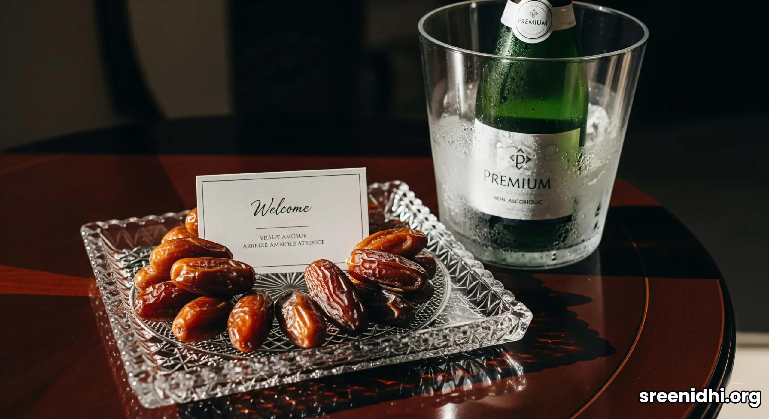 A luxurious welcome gift of dates and sparkling juice inside a private villa on Nurai Island, Abu Dhabi.