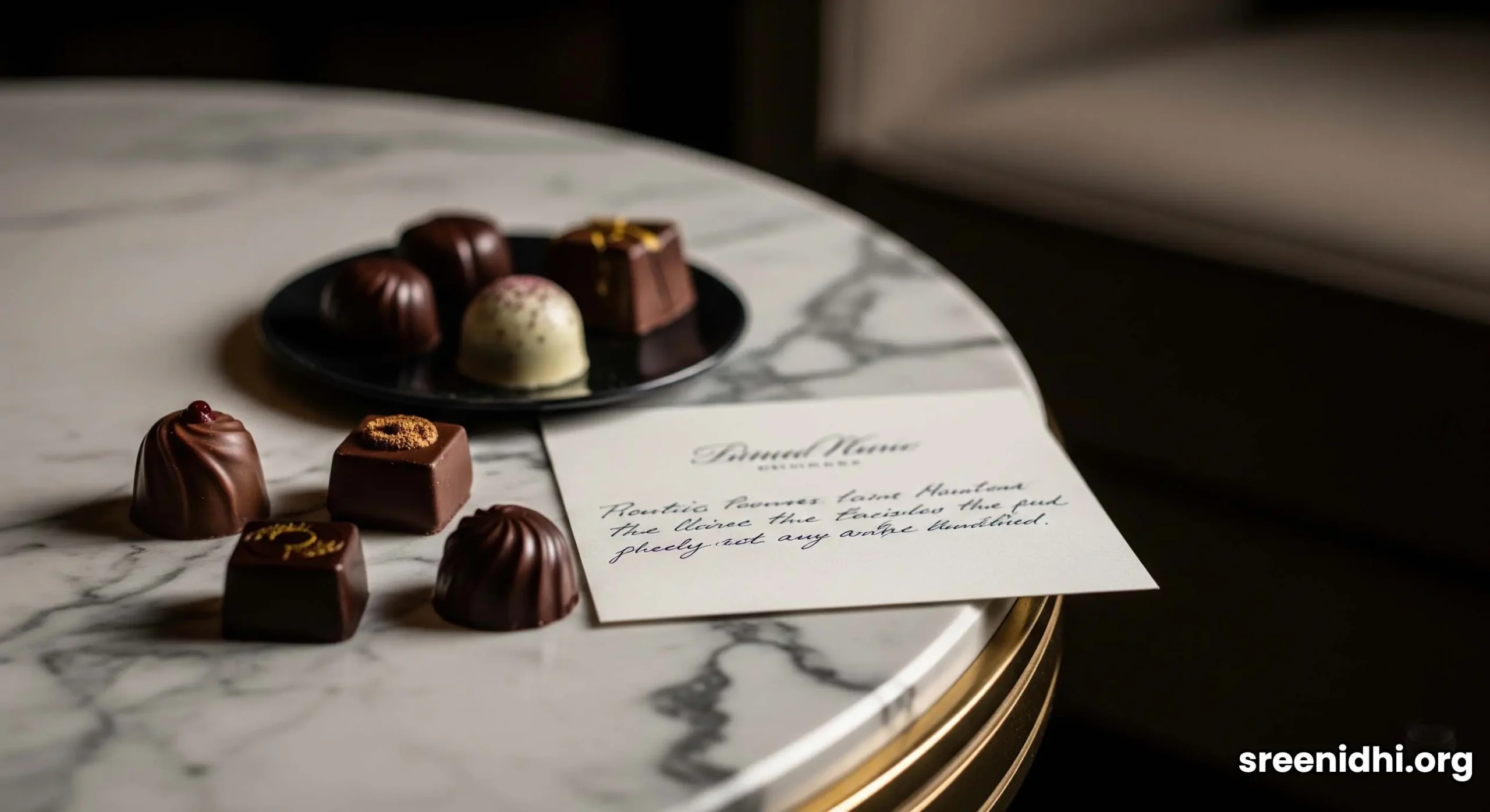 A luxurious welcome gift of gourmet chocolates and a personalized, handwritten note resting on a white marble hotel table.