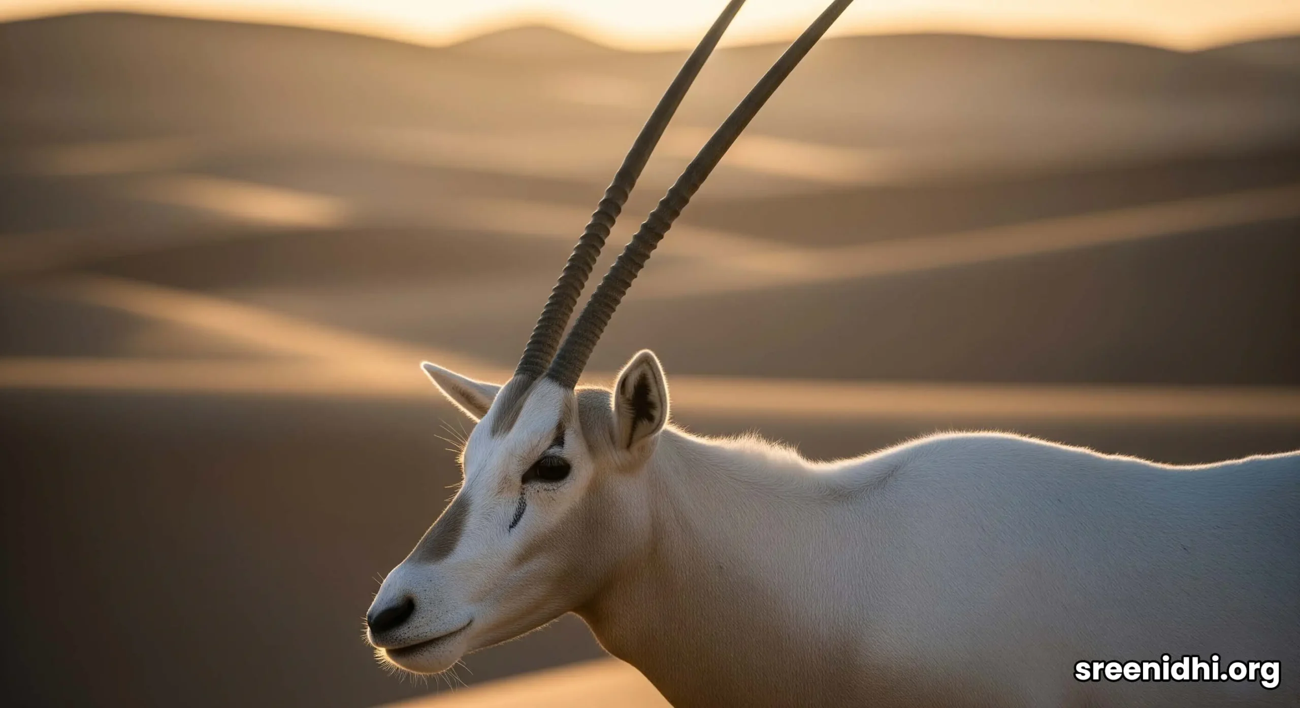 A majestic Arabian oryx standing on a golden sand dune in the Al Wadi Nature Reserve at dawn.