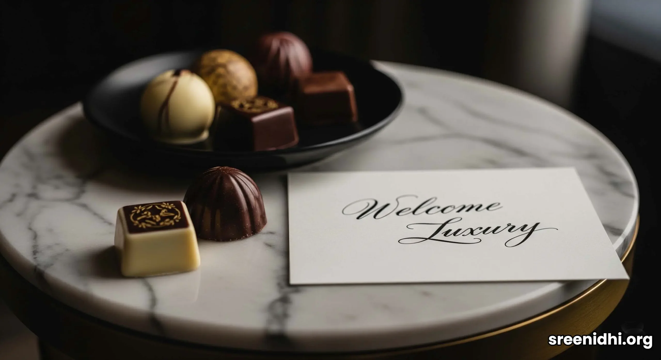 A personalized welcome gift of chocolates and a note on a marble table, highlighting the bespoke service at a Palm Jumeirah villa rental.