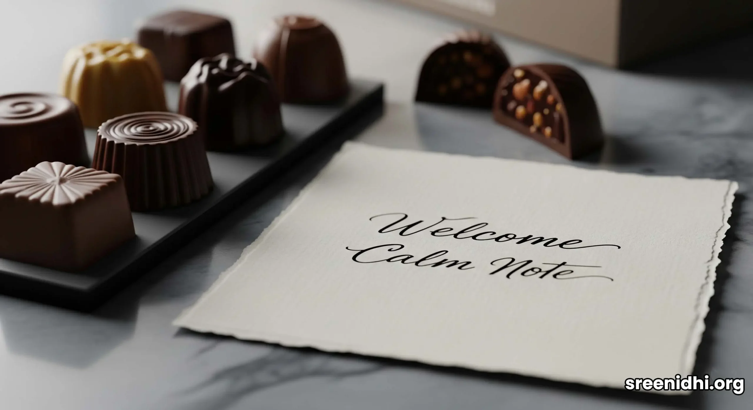 A personalized welcome gift of chocolates and a note on a marble table inside a luxury hotel suite.
