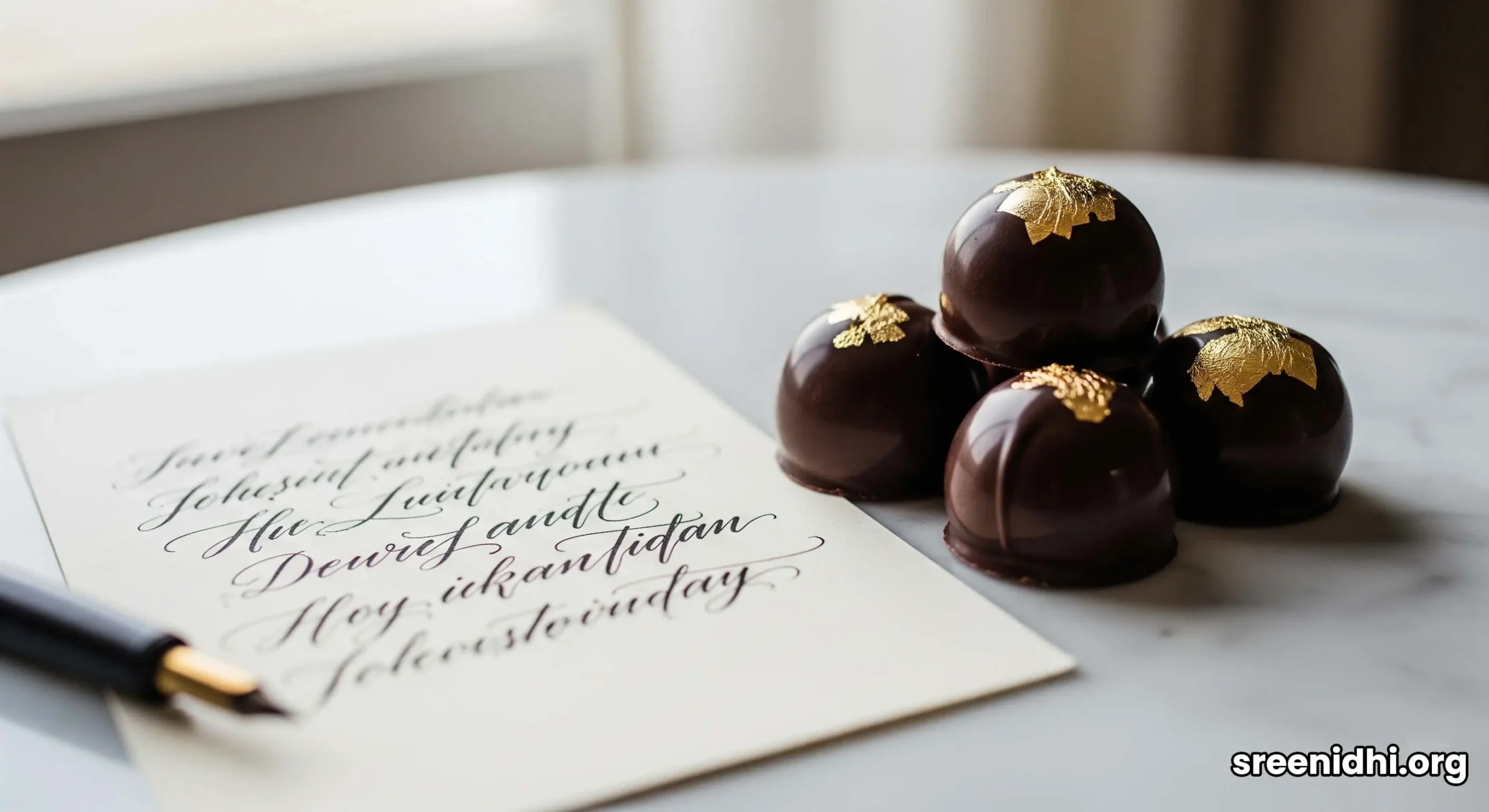 A personalized welcome gift of fine chocolates and a note sits on a marble table in an exclusive Dubai hotel suite.