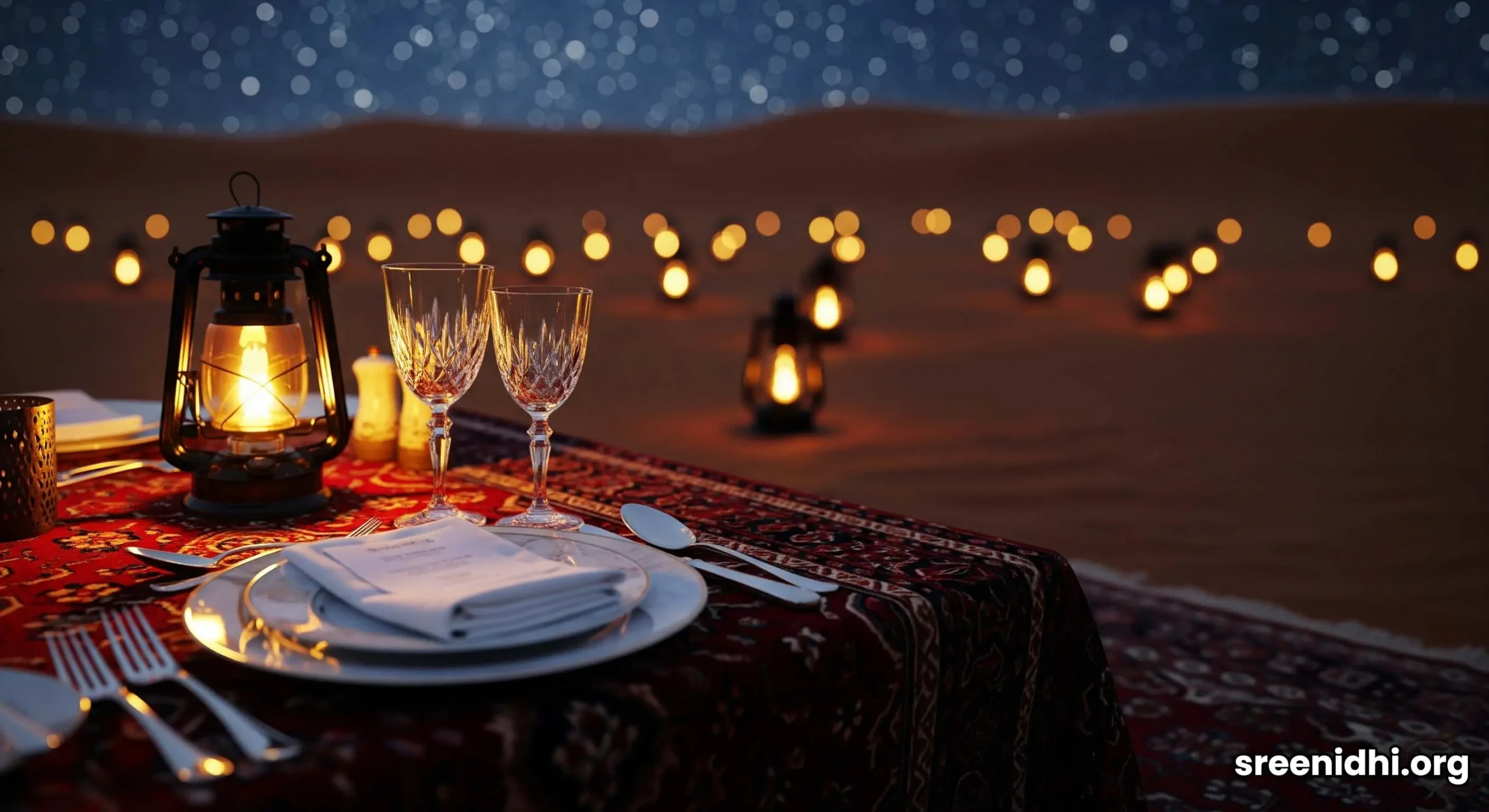 A romantic private dinner setting on a sand dune in Ras Al Khaimah, lit by lanterns at night.