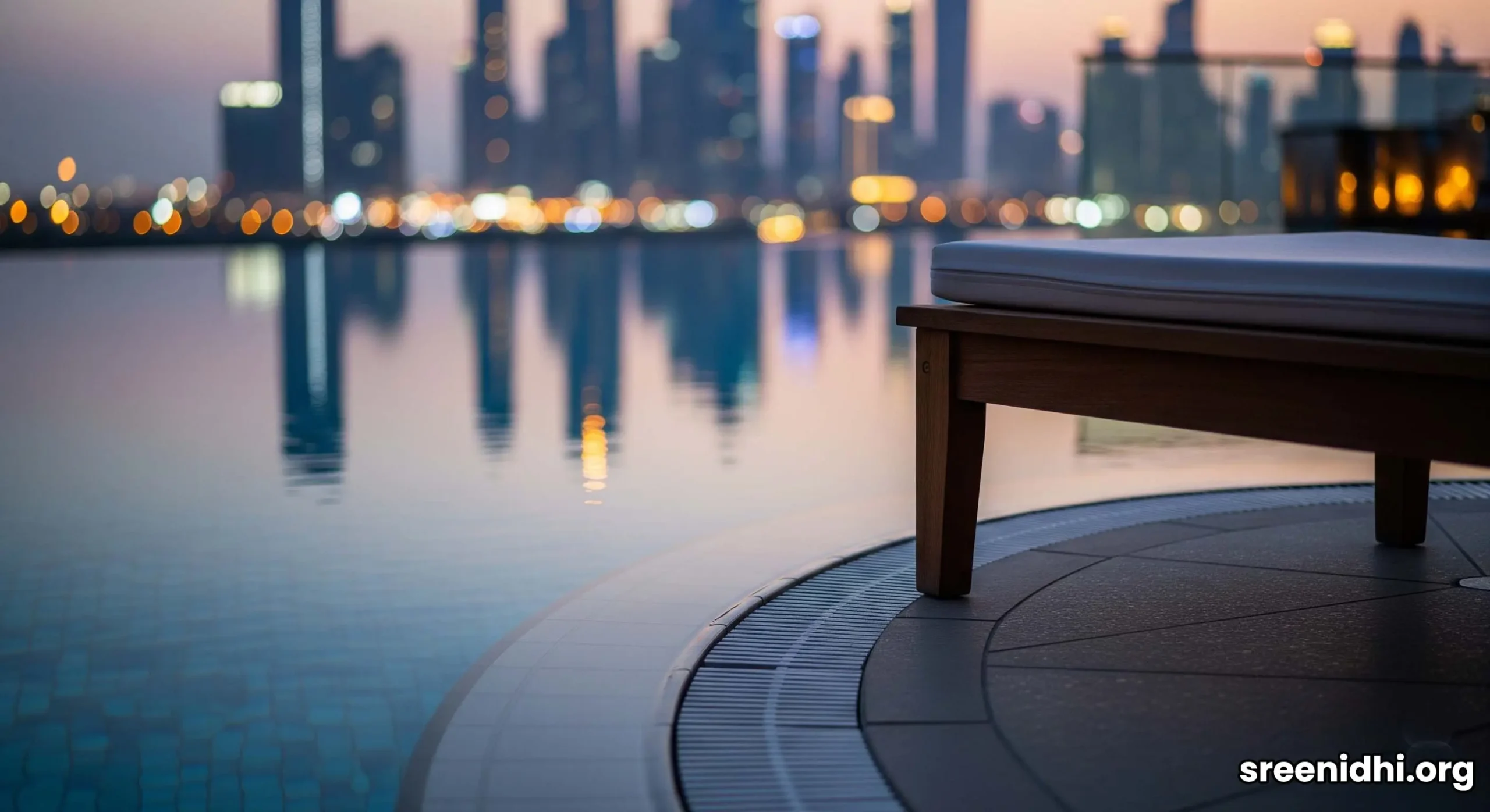 A serene infinity pool at dusk, reflecting the glittering skyline of Downtown Dubai, symbolizing tranquility and exclusivity.