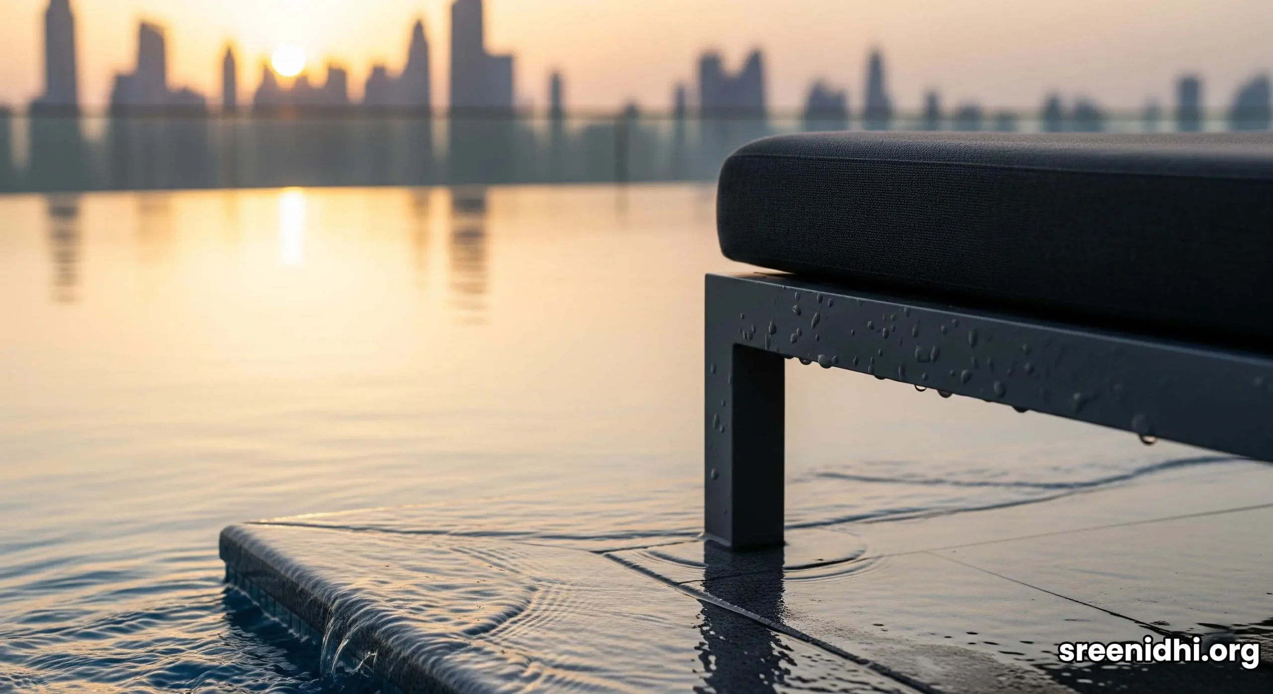 A serene infinity pool on a skyscraper's edge, overlooking the sprawling Dubai cityscape at sunset.