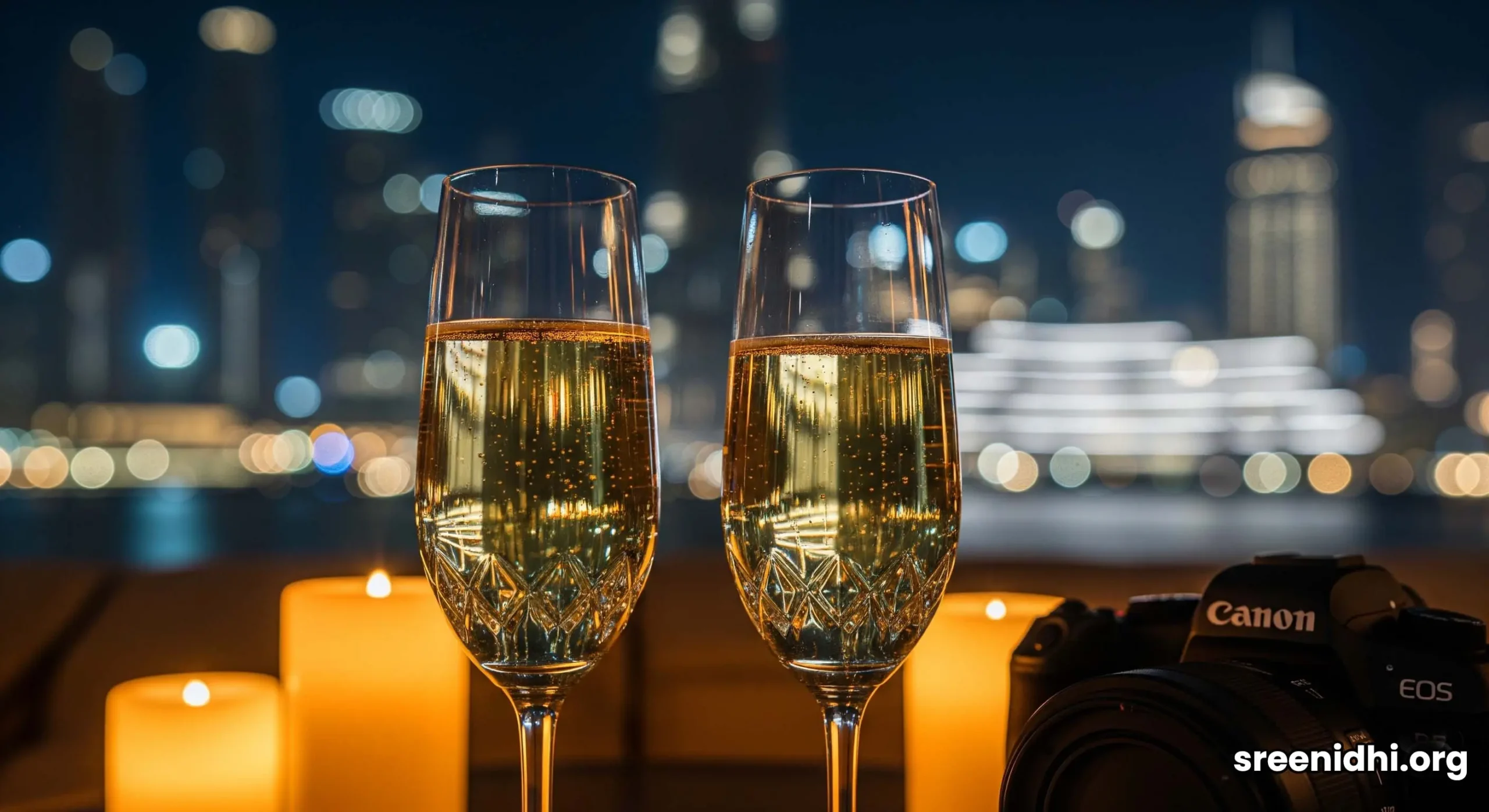 An intimate, candlelit dinner for two is set on a private penthouse balcony overlooking the illuminated Burj Khalifa at night.