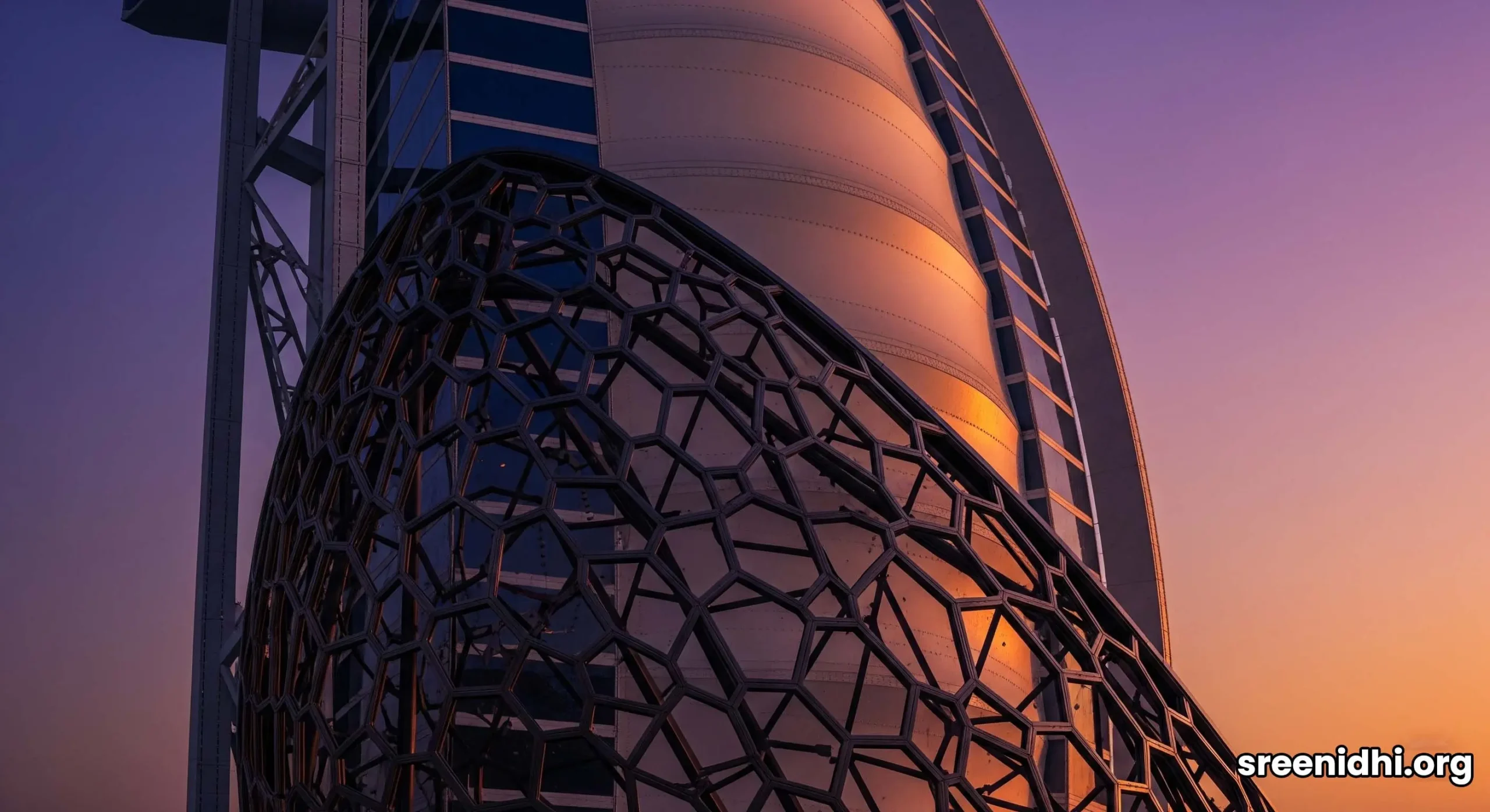The iconic sail-shaped Burj Al Arab hotel in Dubai, illuminated against a vibrant sunset sky.