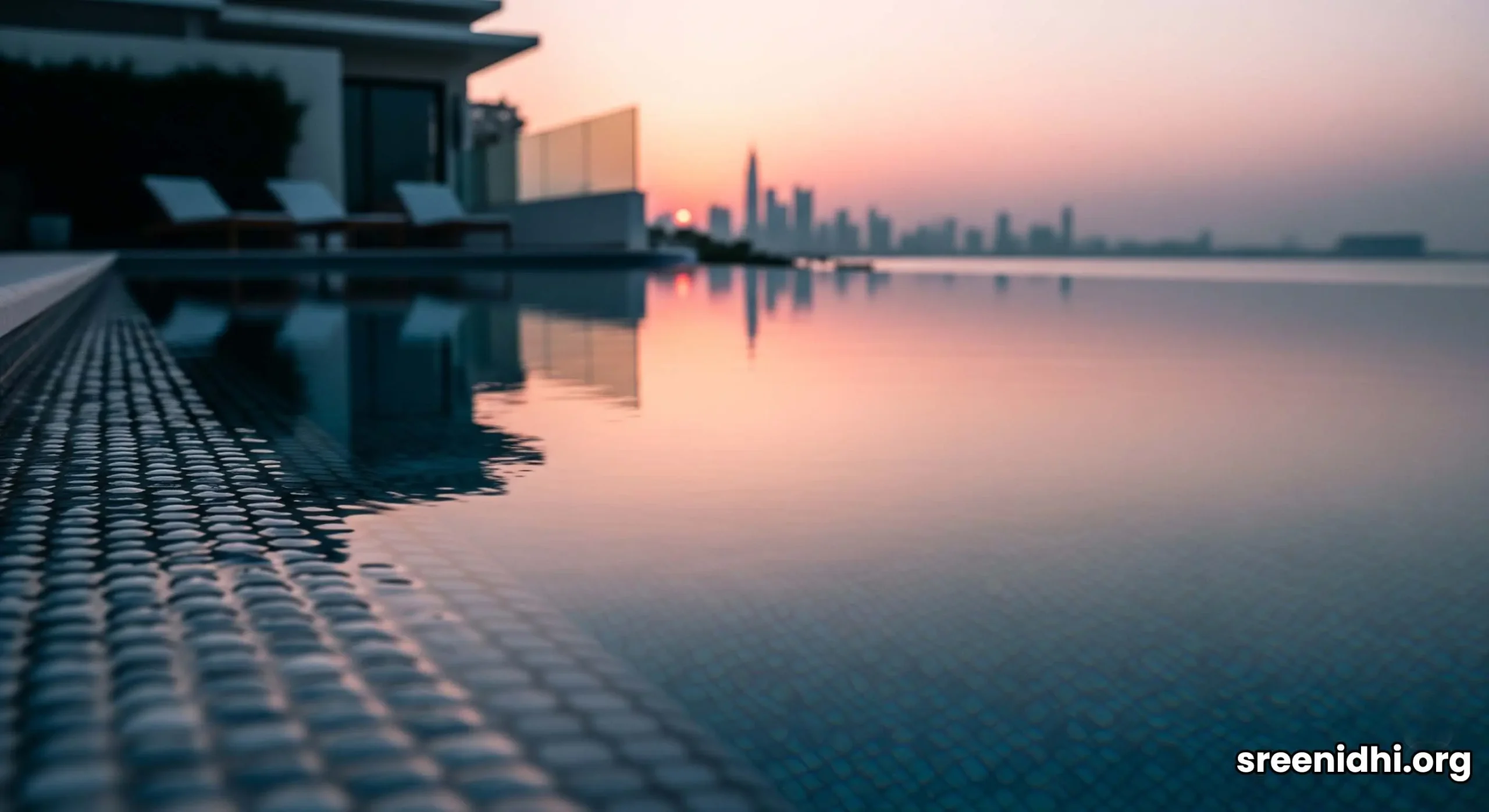 The infinity pool of a luxury Palm Jumeirah villa at sunrise, overlooking the private beach and the serene Dubai skyline.