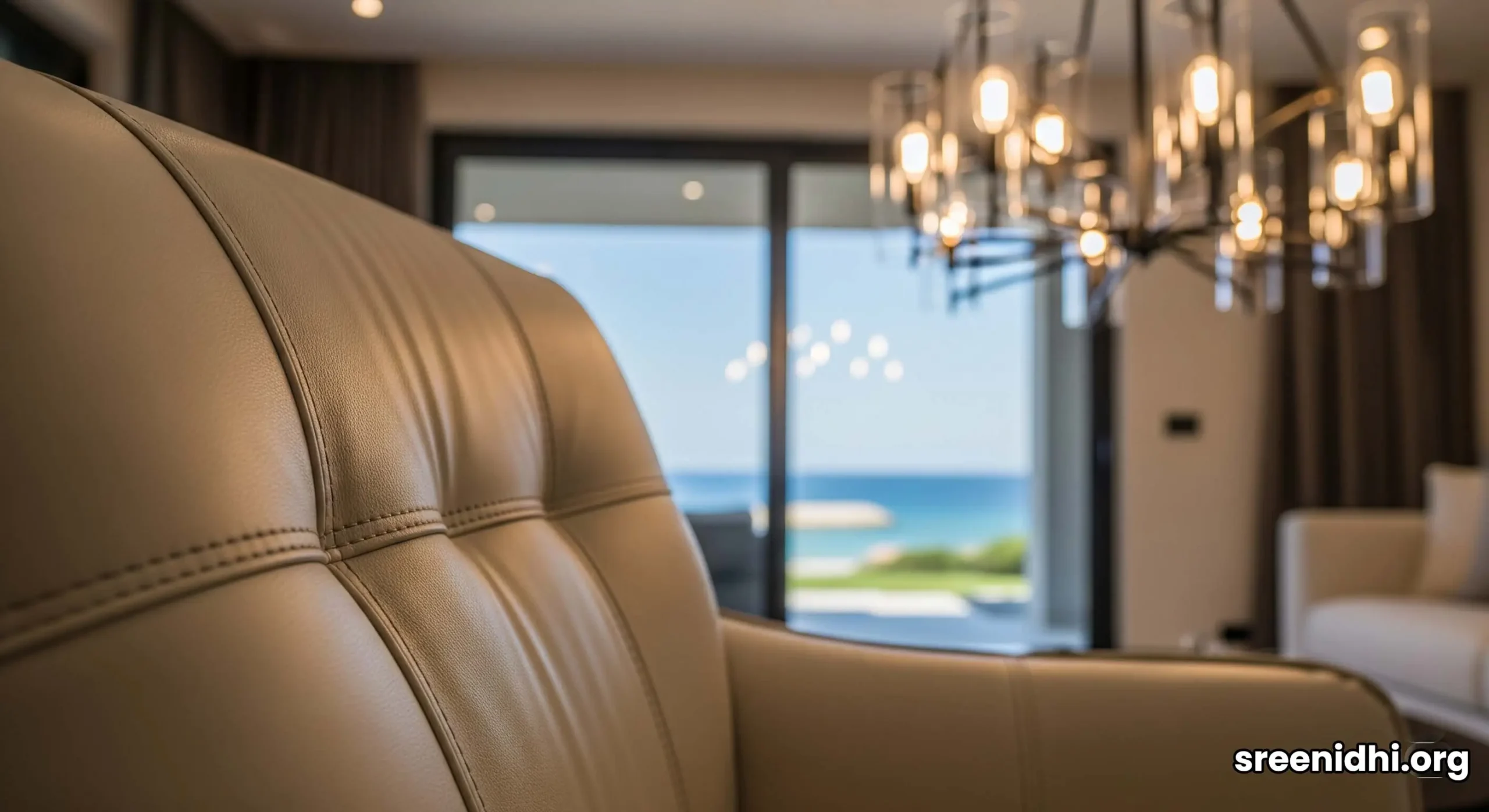 The interior of an opulent villa living room on Palm Jumeirah, featuring a modern chandelier and floor-to-ceiling windows with sea views.