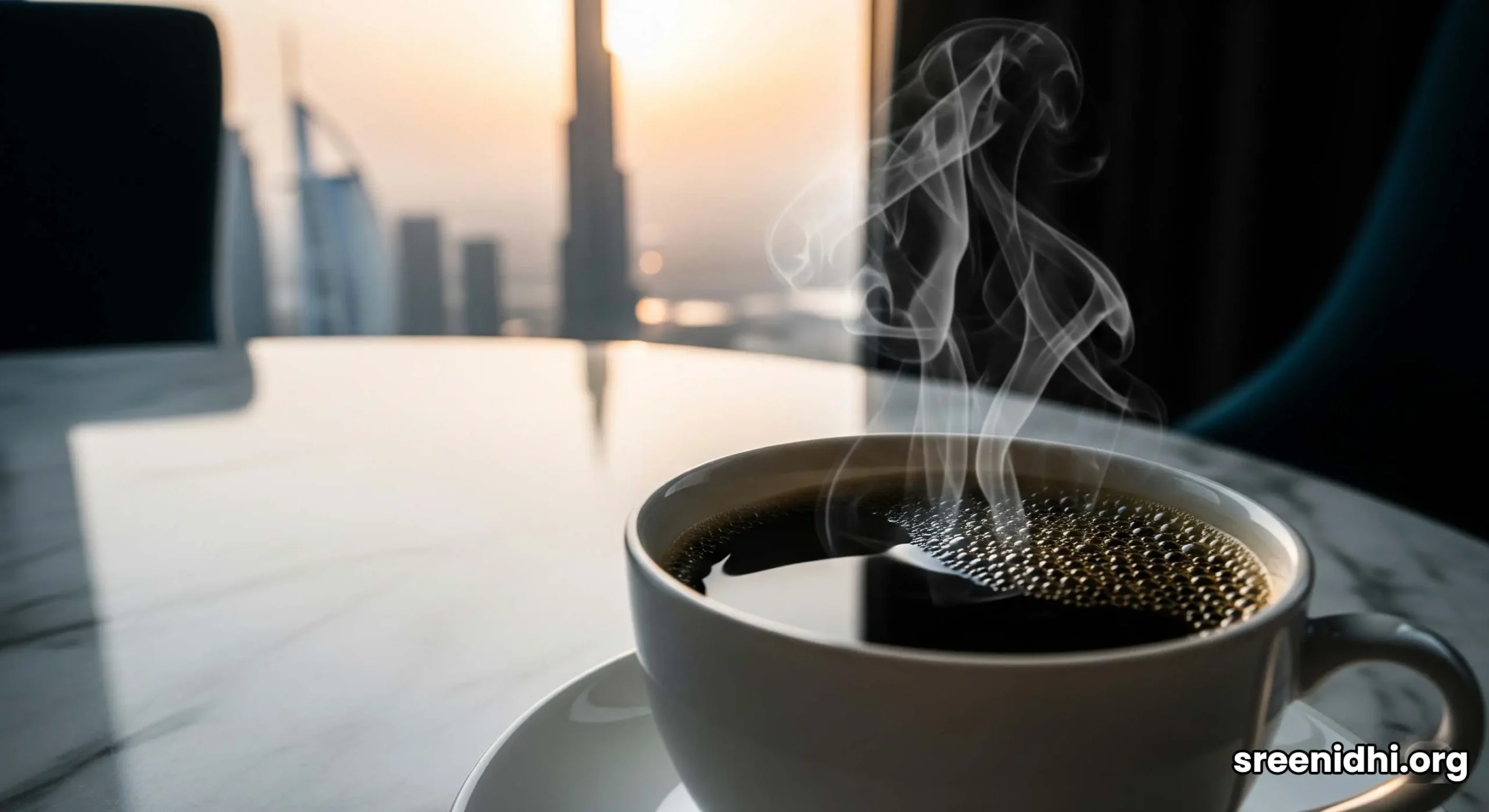 The sun rises over the Dubai skyline, viewed from a luxurious penthouse suite with a perfect view of the Burj Khalifa.