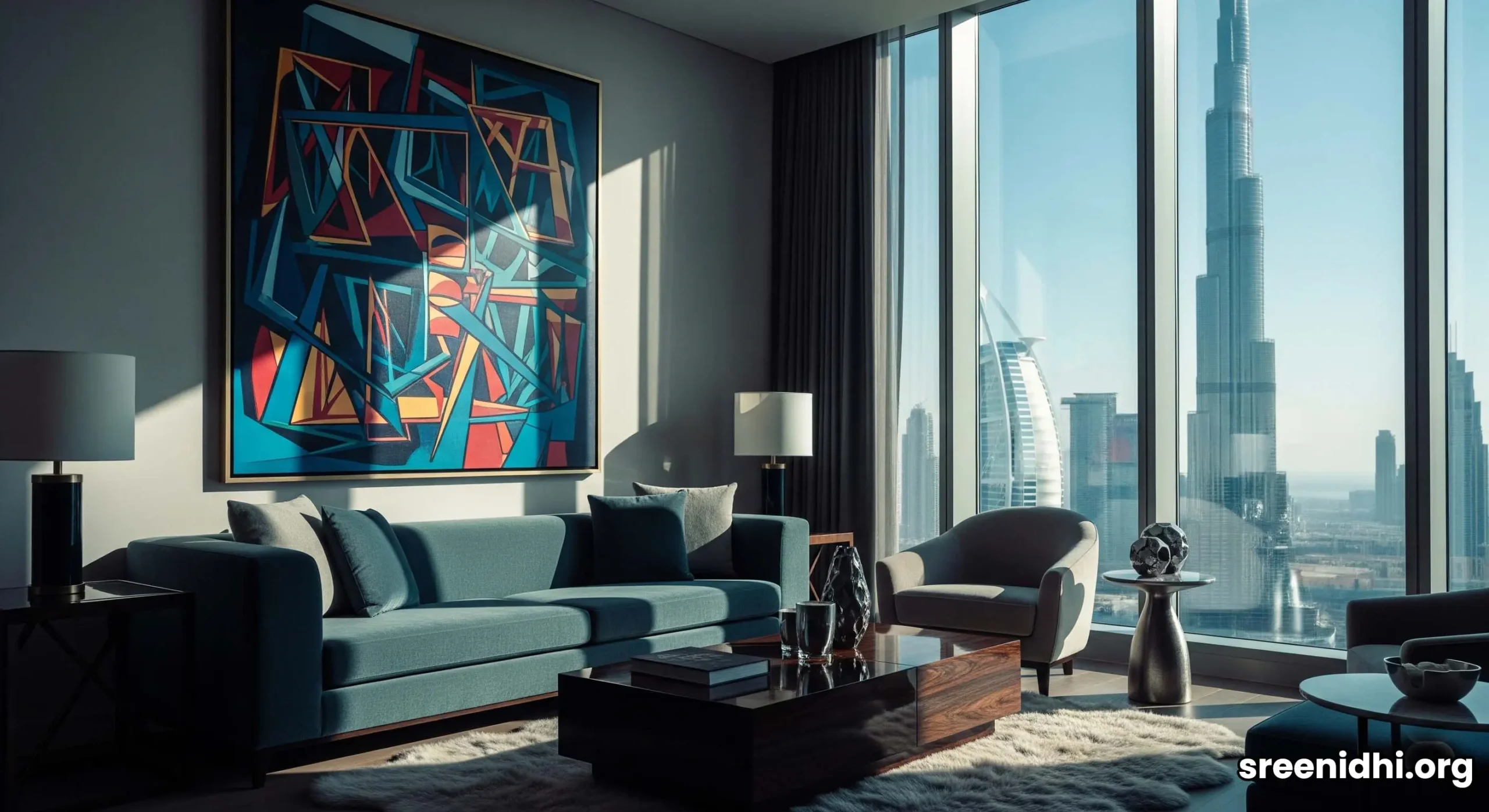 The sunlit living room of a luxury serviced apartment, featuring modern design and a clear view of the Burj Khalifa.